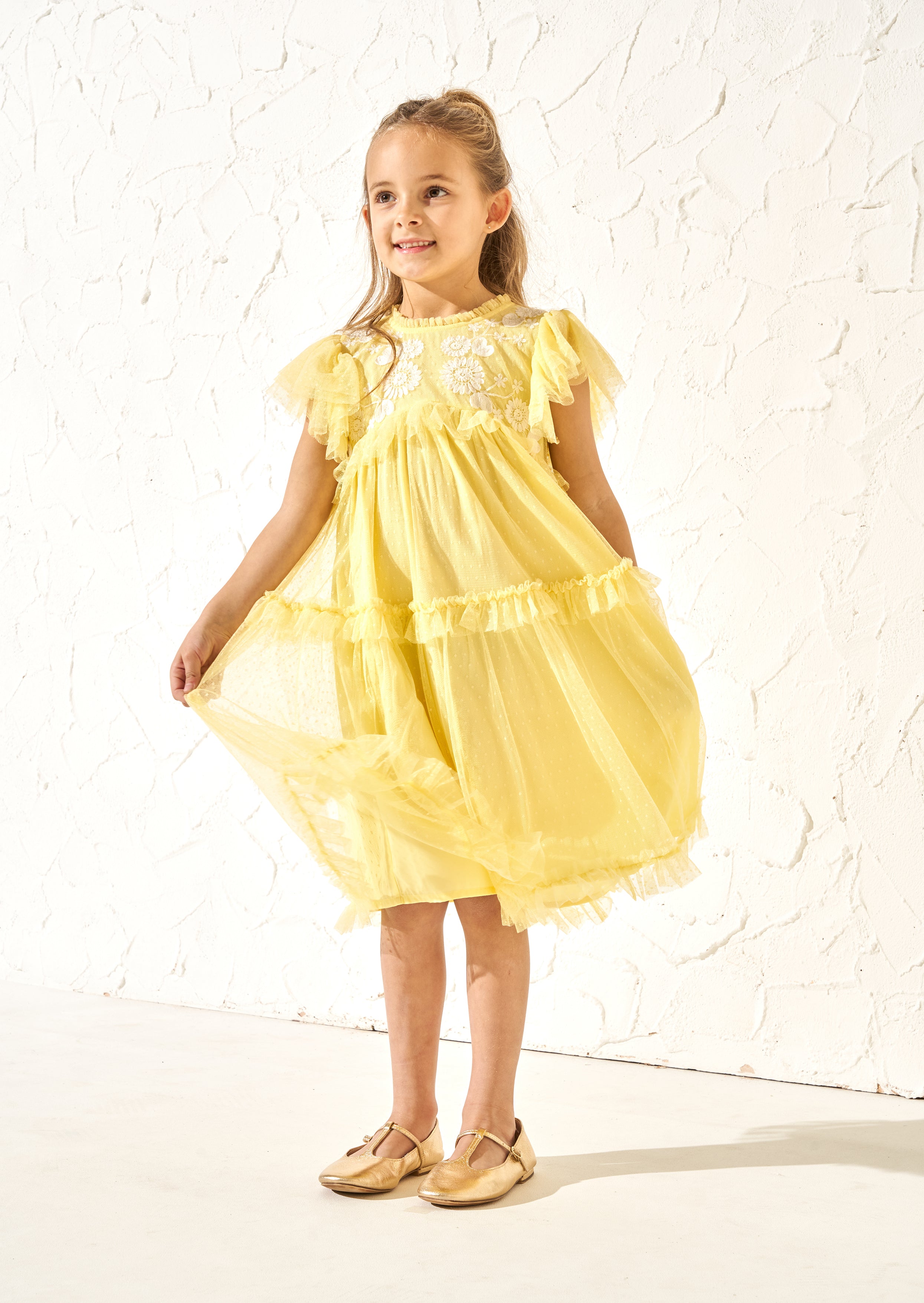 Luisa Yellow Embroidered Mesh Dress - Angel & Rocket