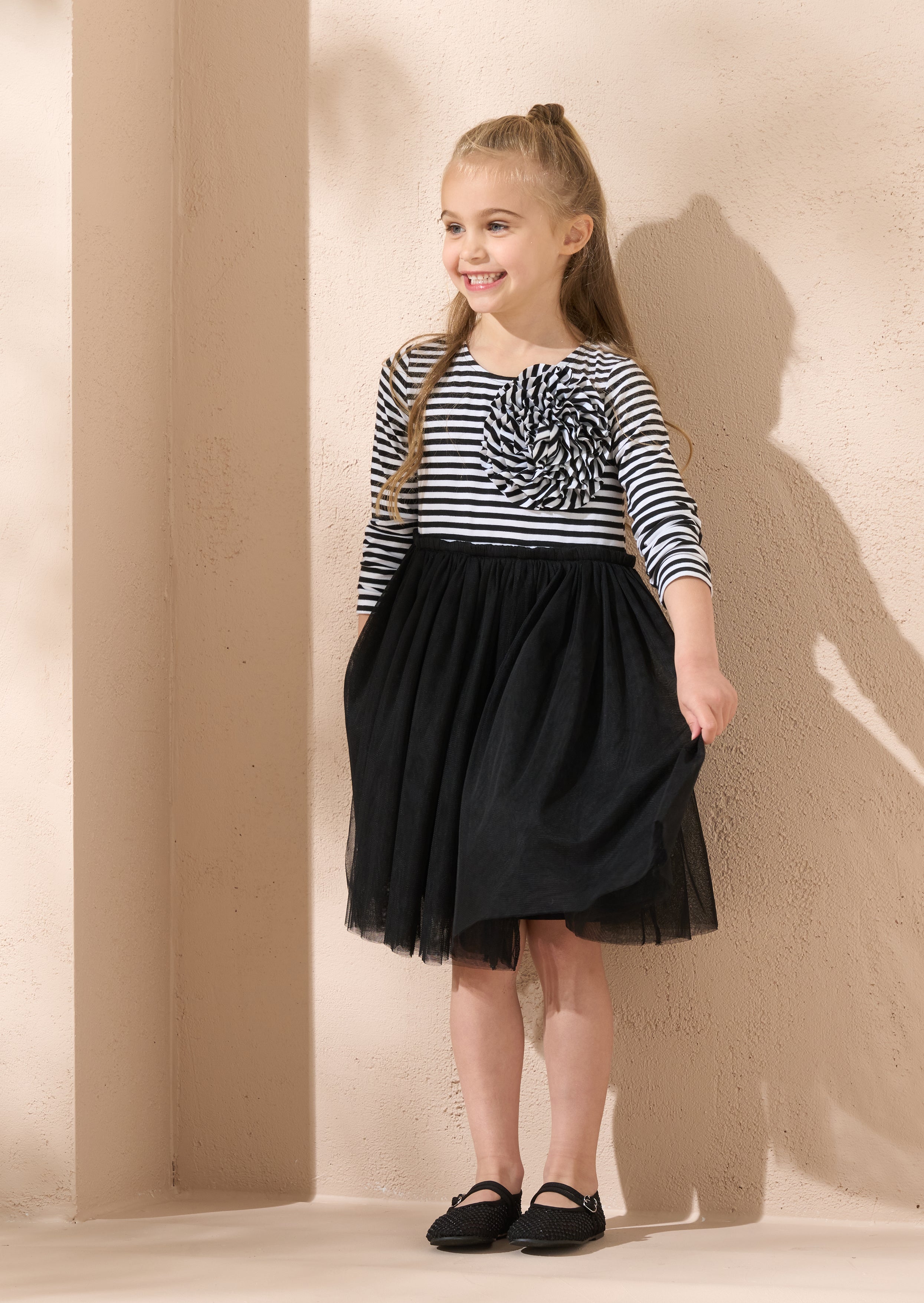 Carrie Stripe Corsage Dress Black