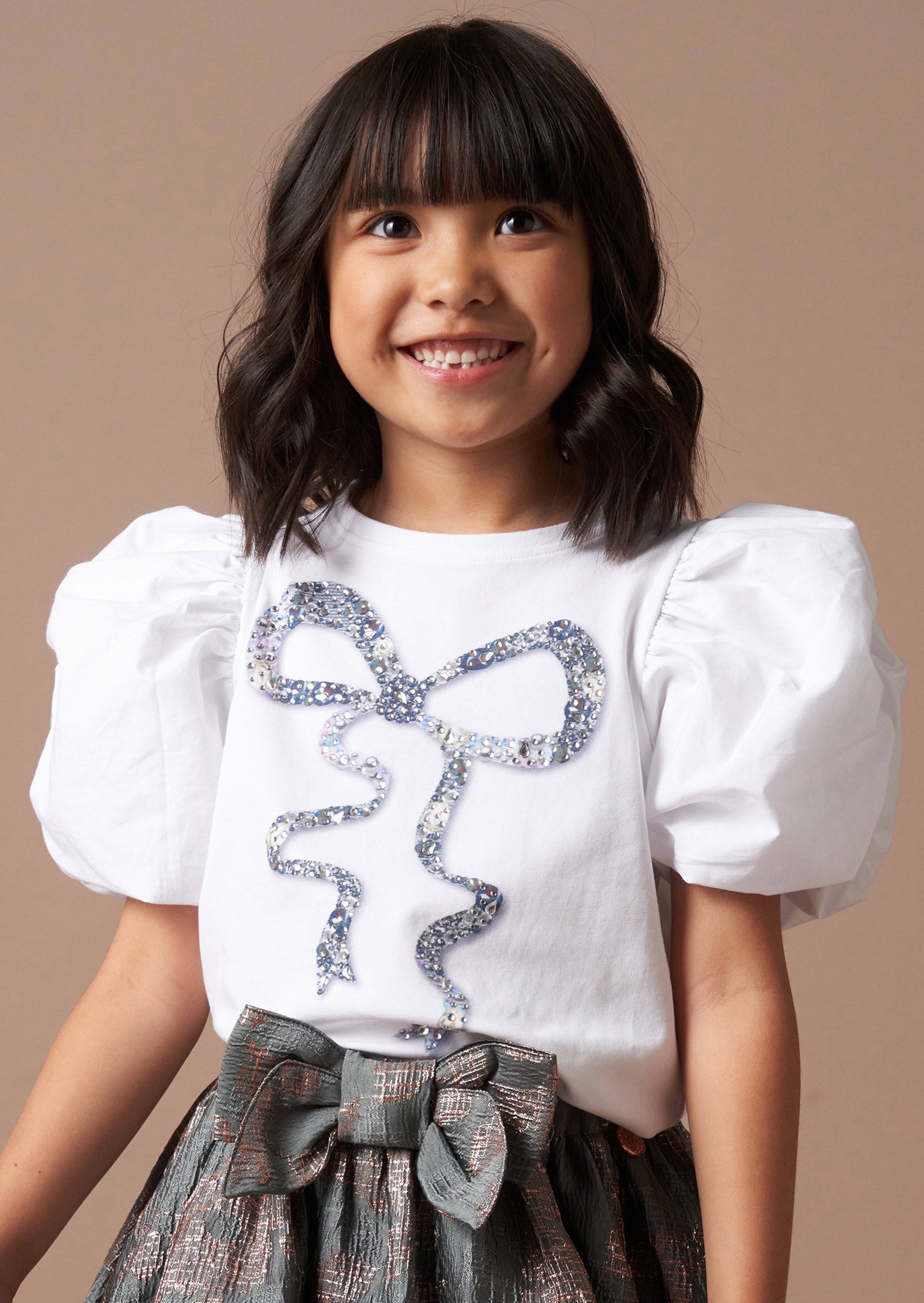 Aofie White Diamante Bow T Shirt