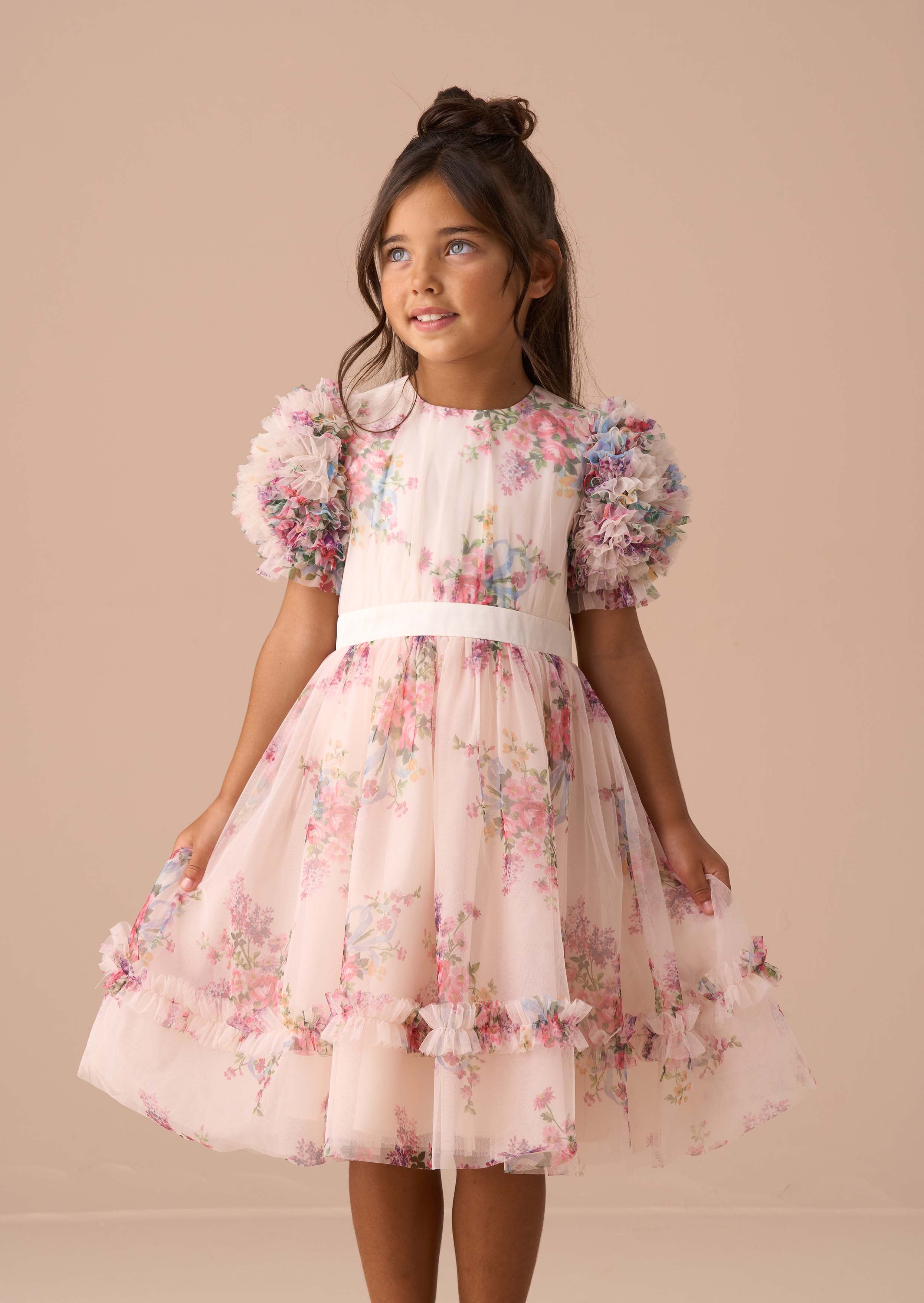 Girl Florence Ivory Ruffle Sleeve Mesh Dress