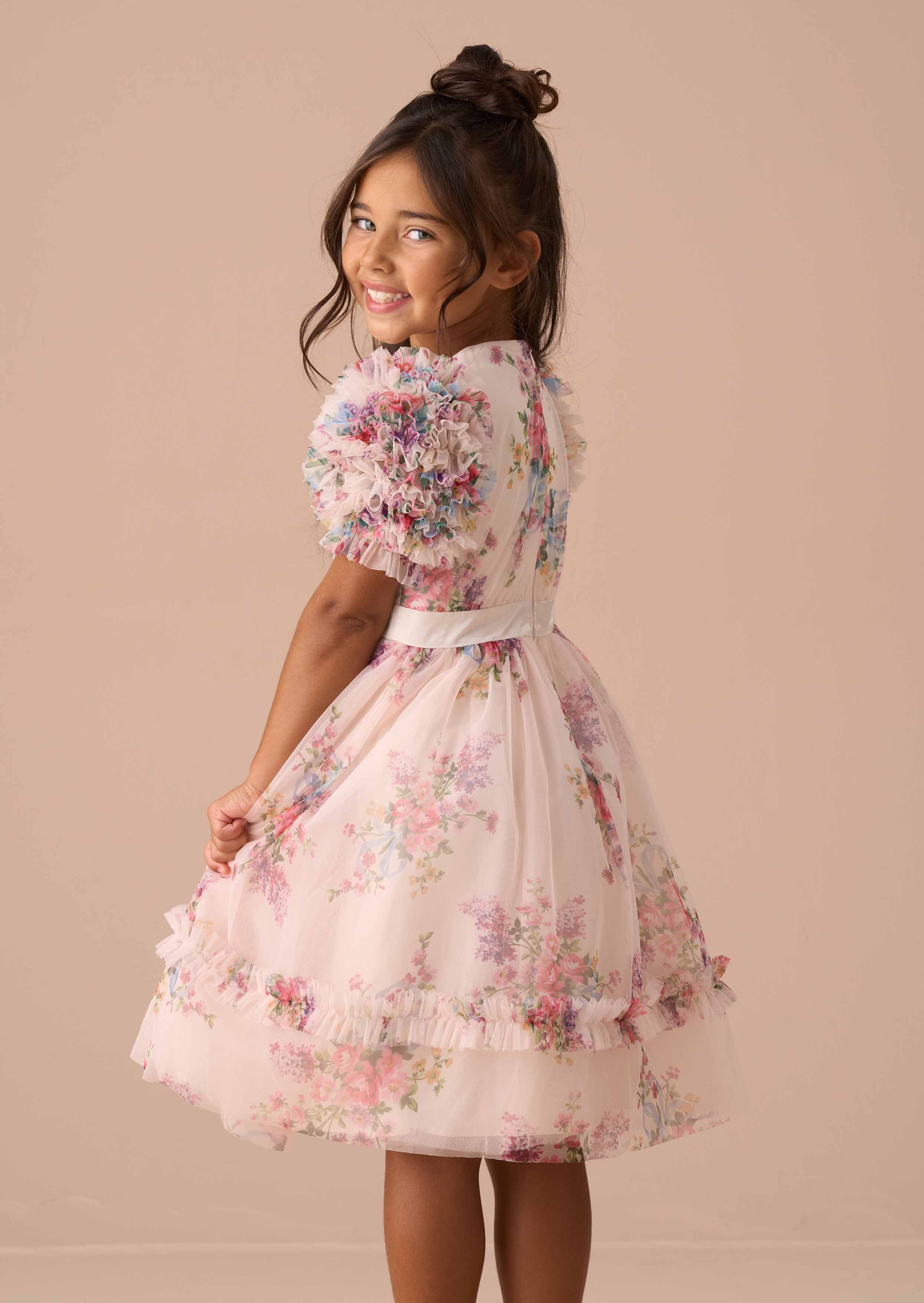 Midi Girl Florence Ivory Ruffle Sleeve Mesh Dress