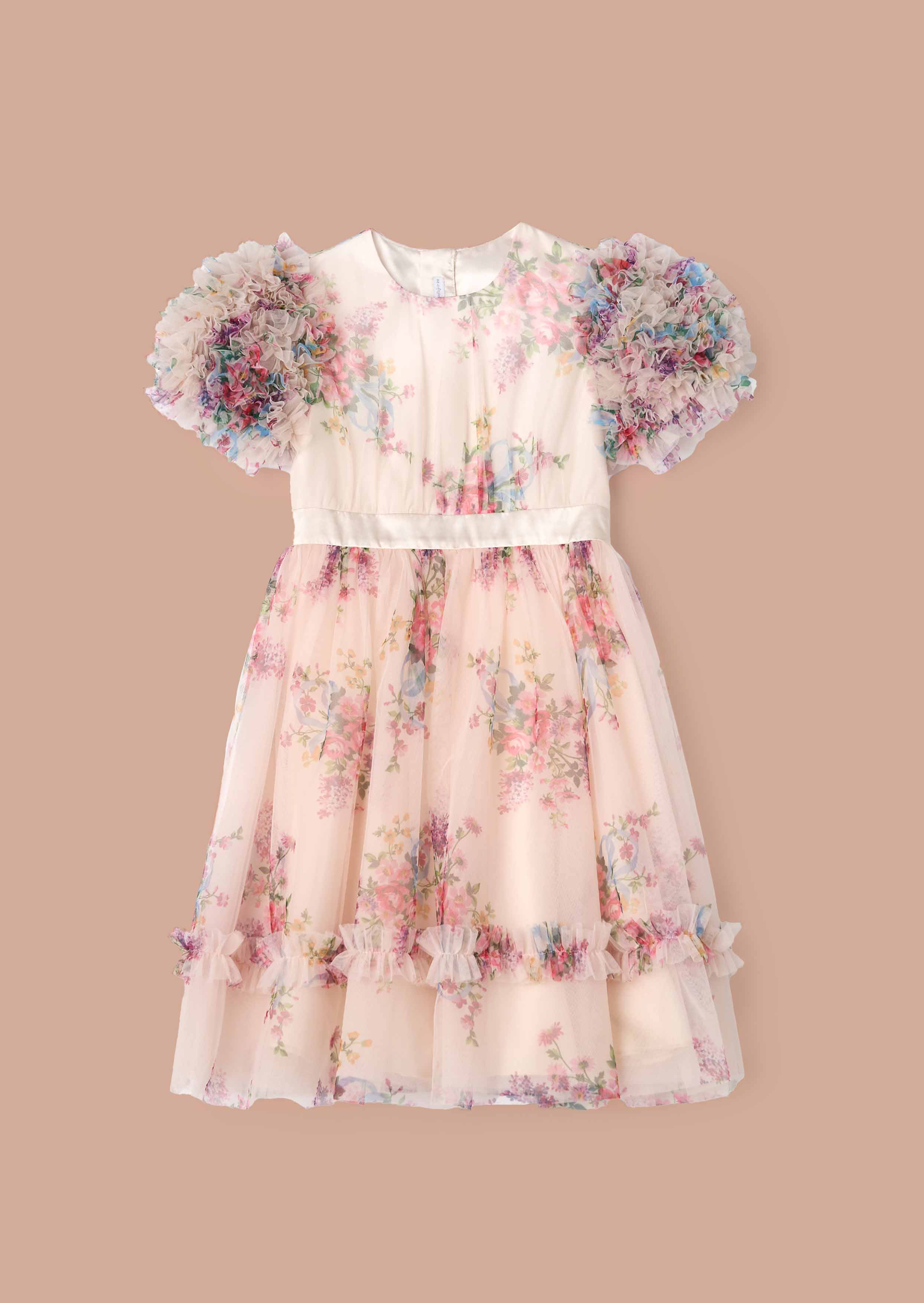 Buy Girl Florence Ivory Ruffle Sleeve Mesh Dress