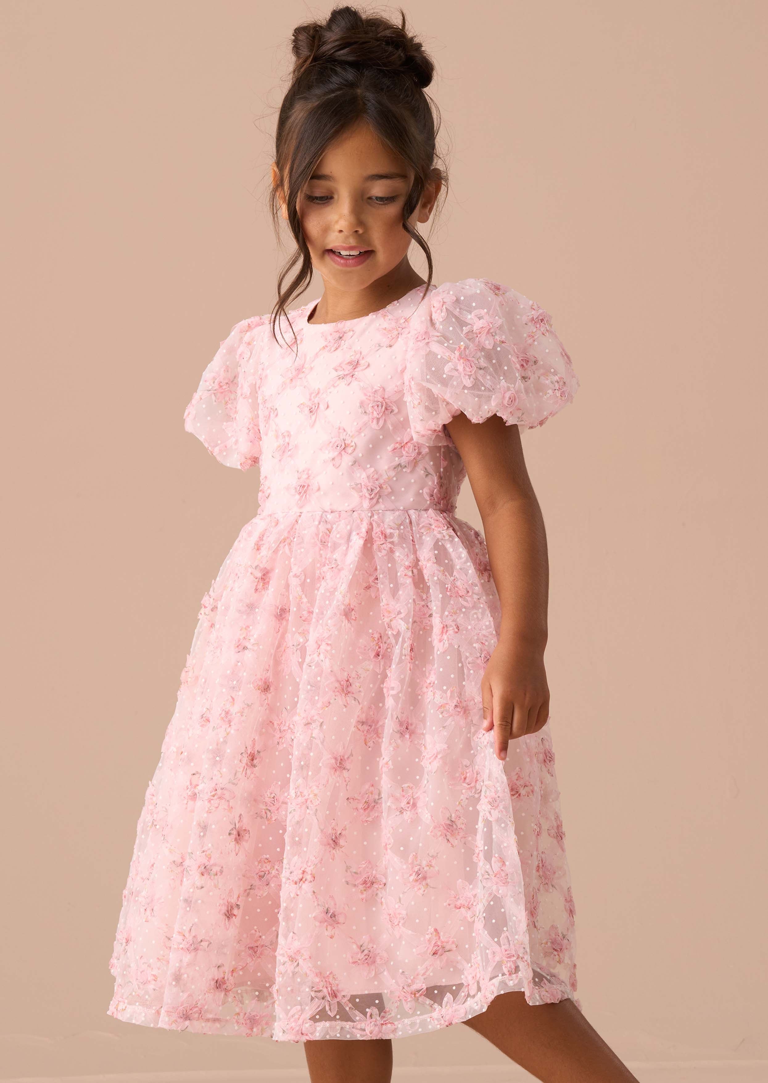 Girl Francine Pink Embellished Puff Sleeve Dress
