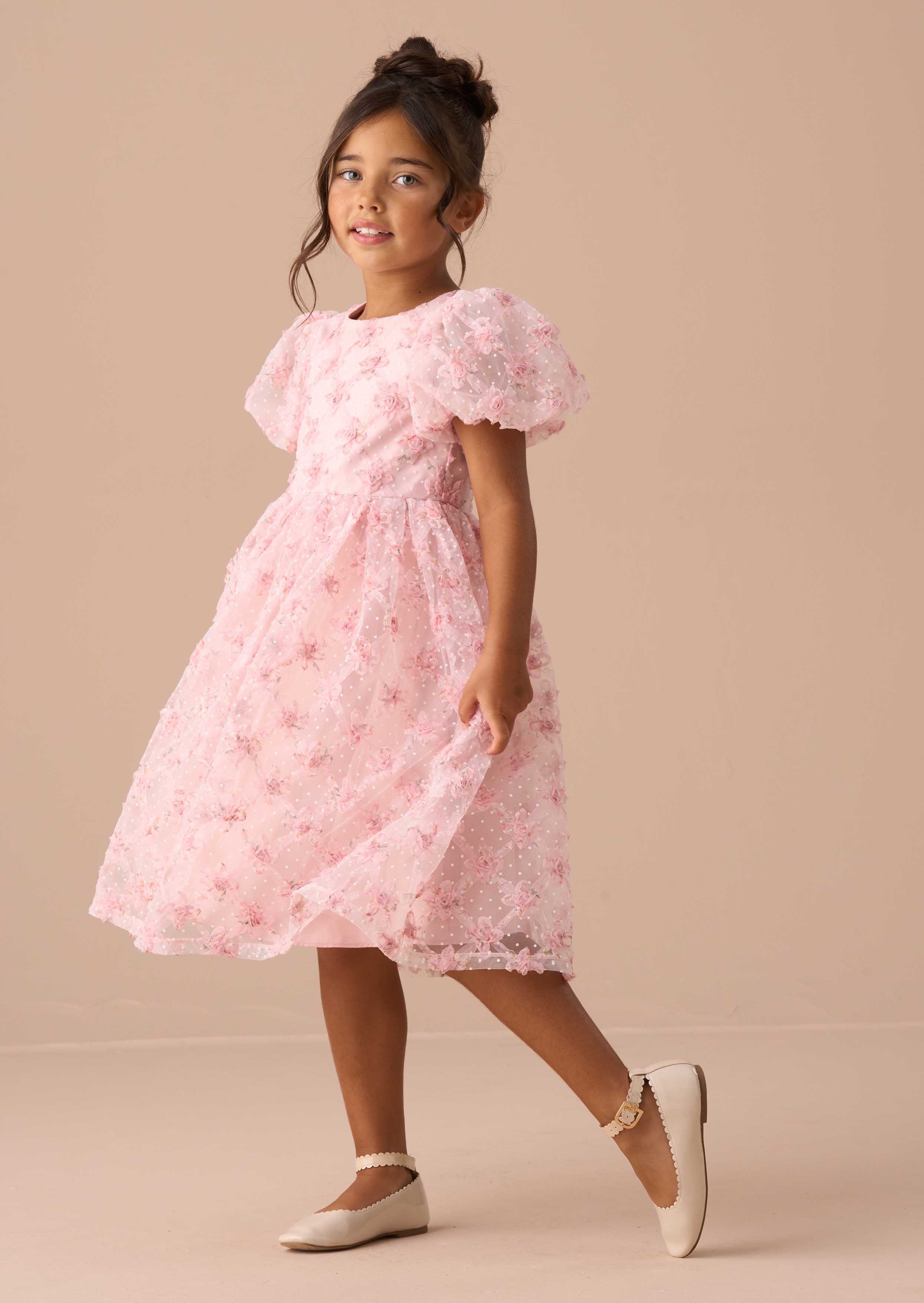 Midi Girl Francine Pink Embellished Puff Sleeve Dress