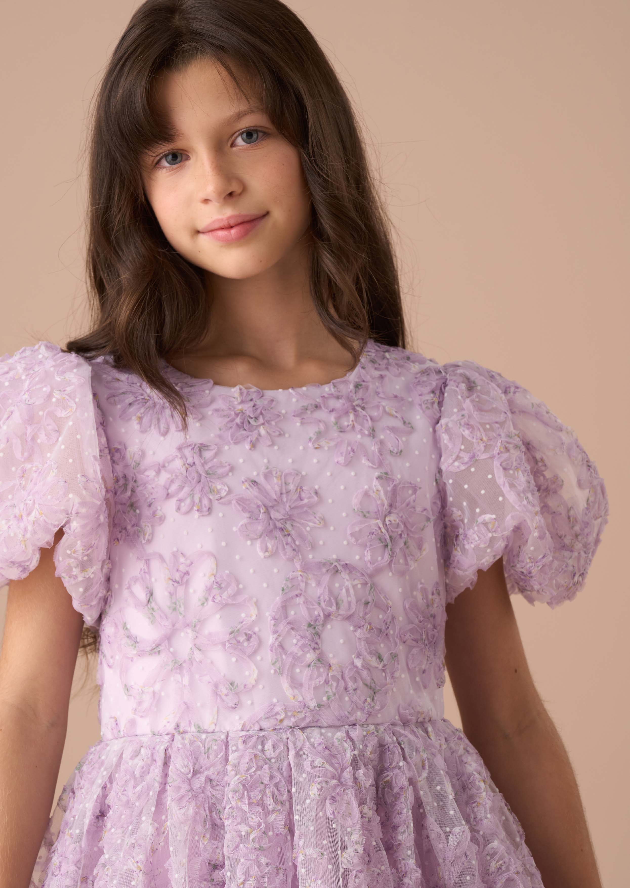 Mini Girl Purple Embellished Puff Sleeve Dress