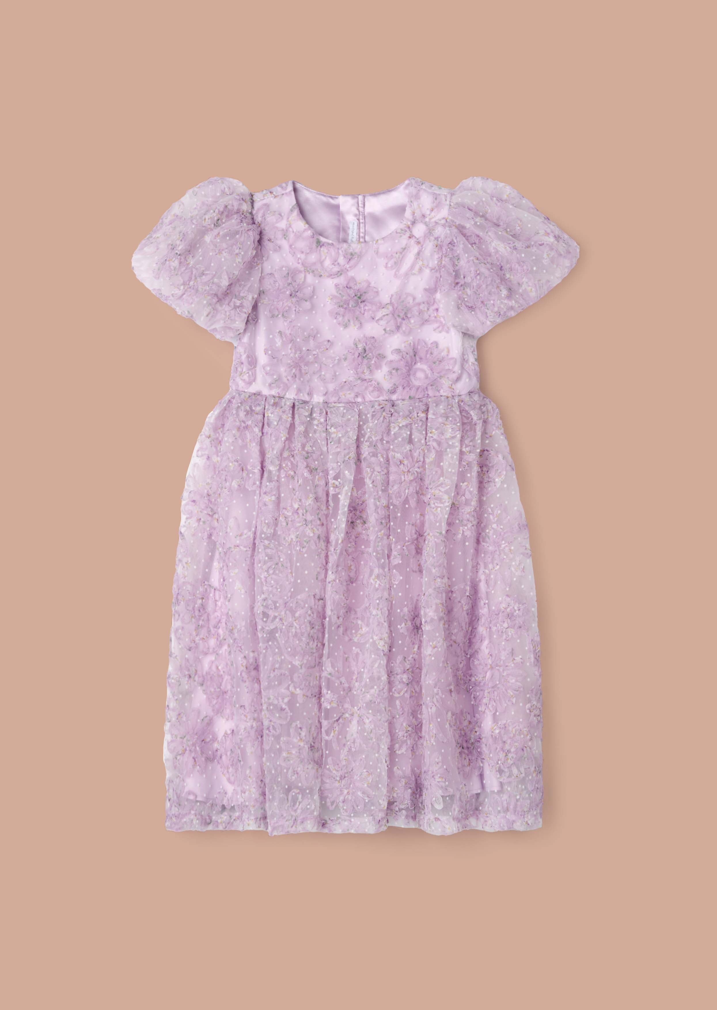 Midi Girl Purple Embellished Puff Sleeve Dress