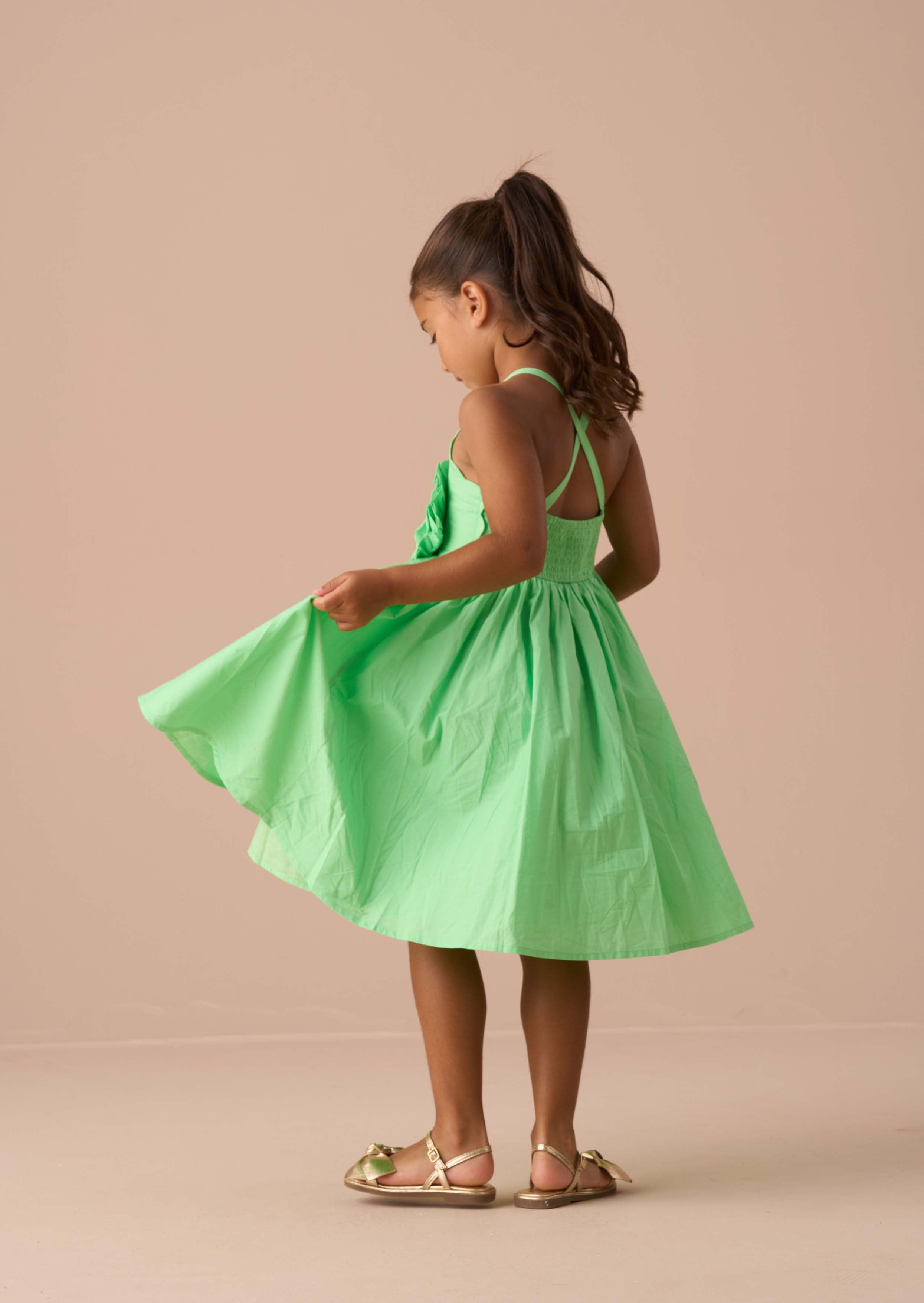 Cotton Green Corsage Scallop Dress