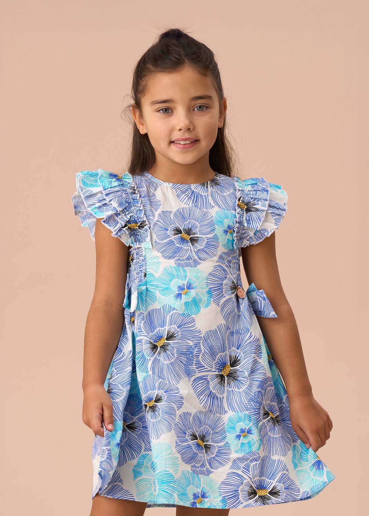 Girls Blue Side Bow Shirred Panel Dress