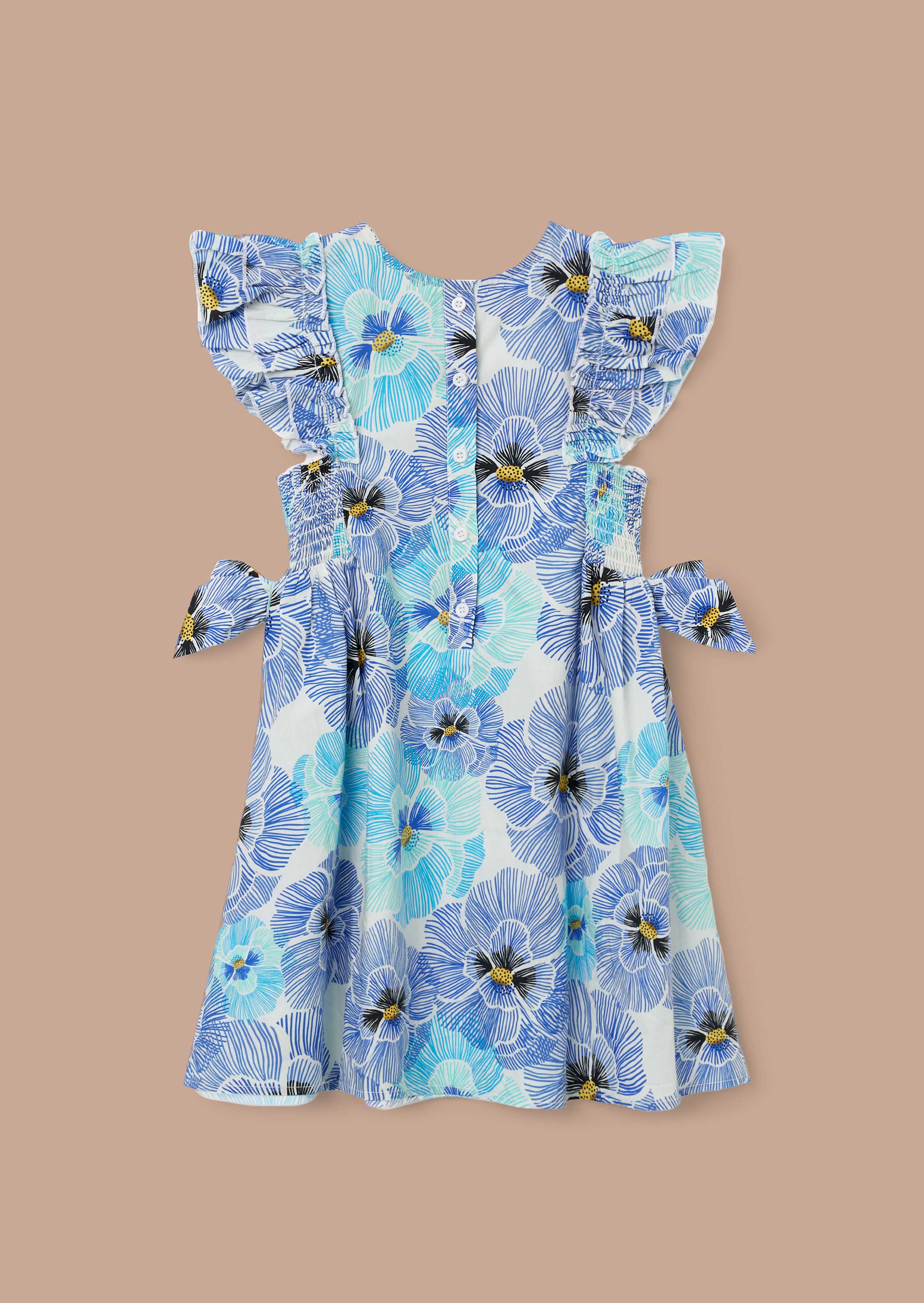 Round Neck Blue Side Bow Shirred Panel Dress