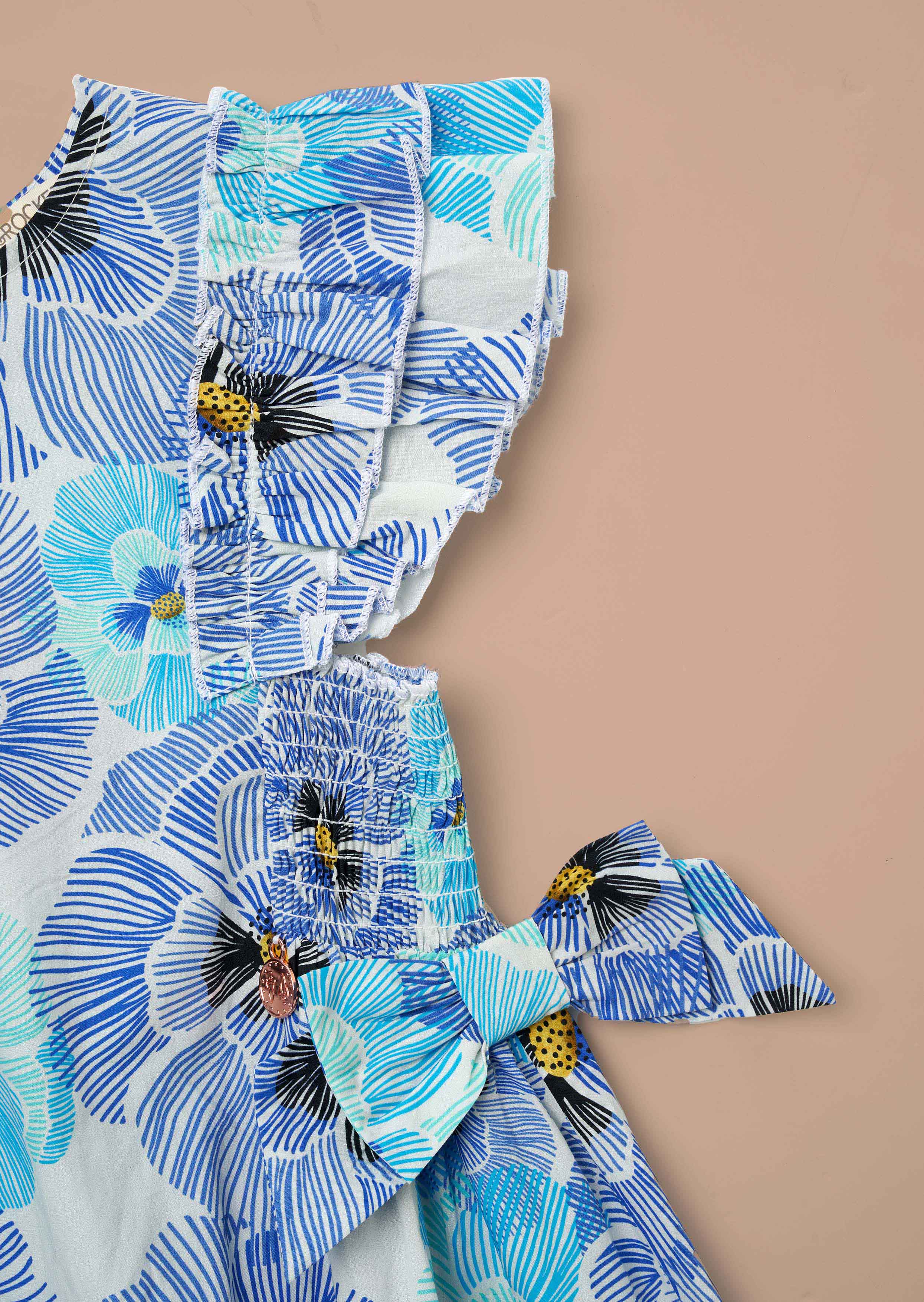 Cotton Blue Side Bow Shirred Panel Dress