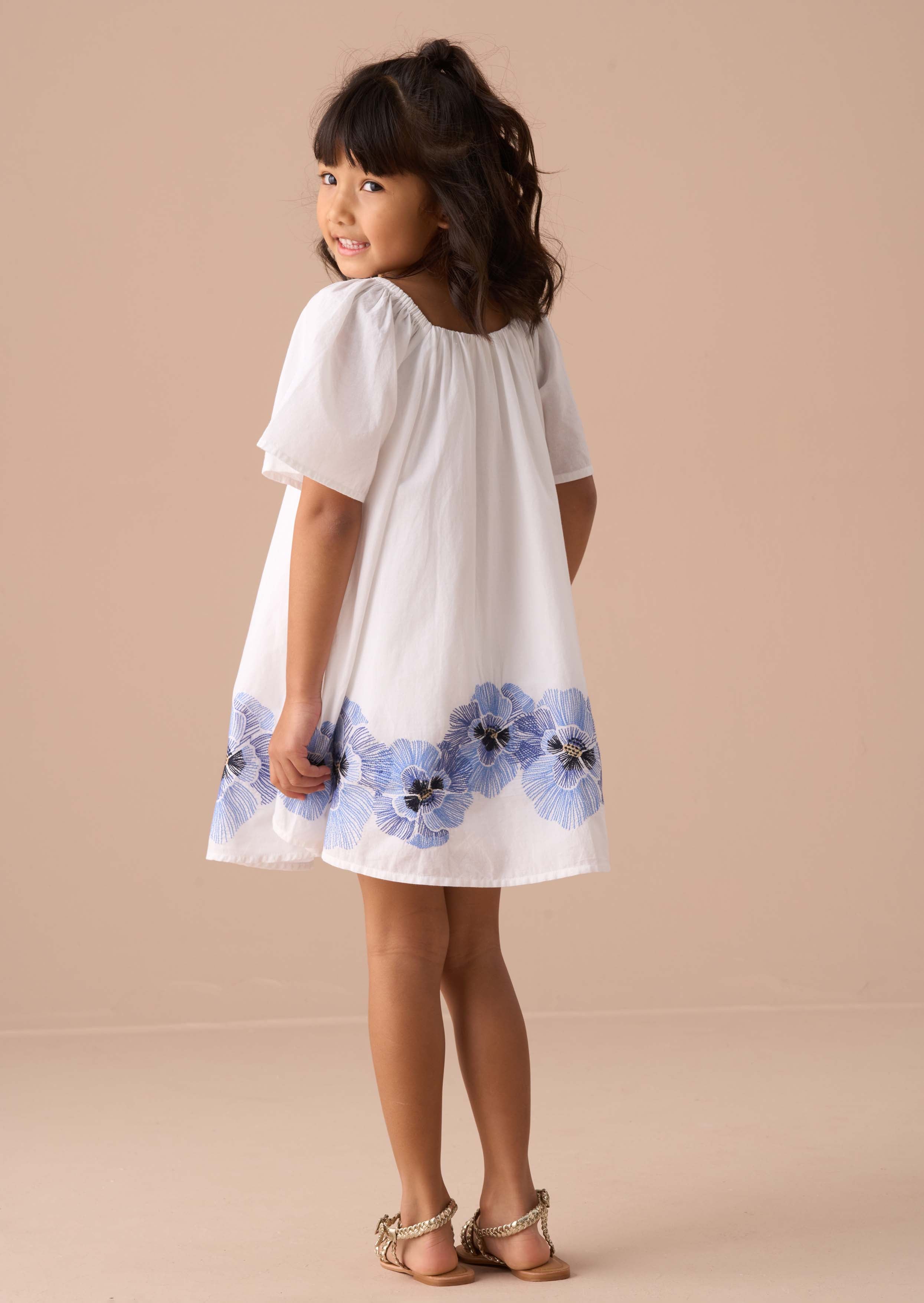 Cotton Girls White Embroidered Swing Dress
