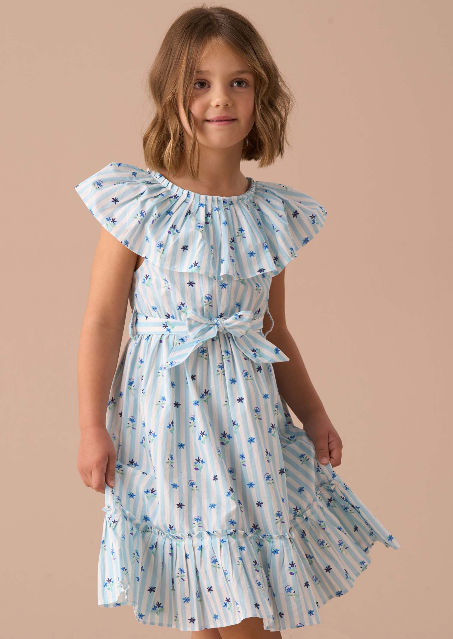 Girls Blue Pleated Collar Dress