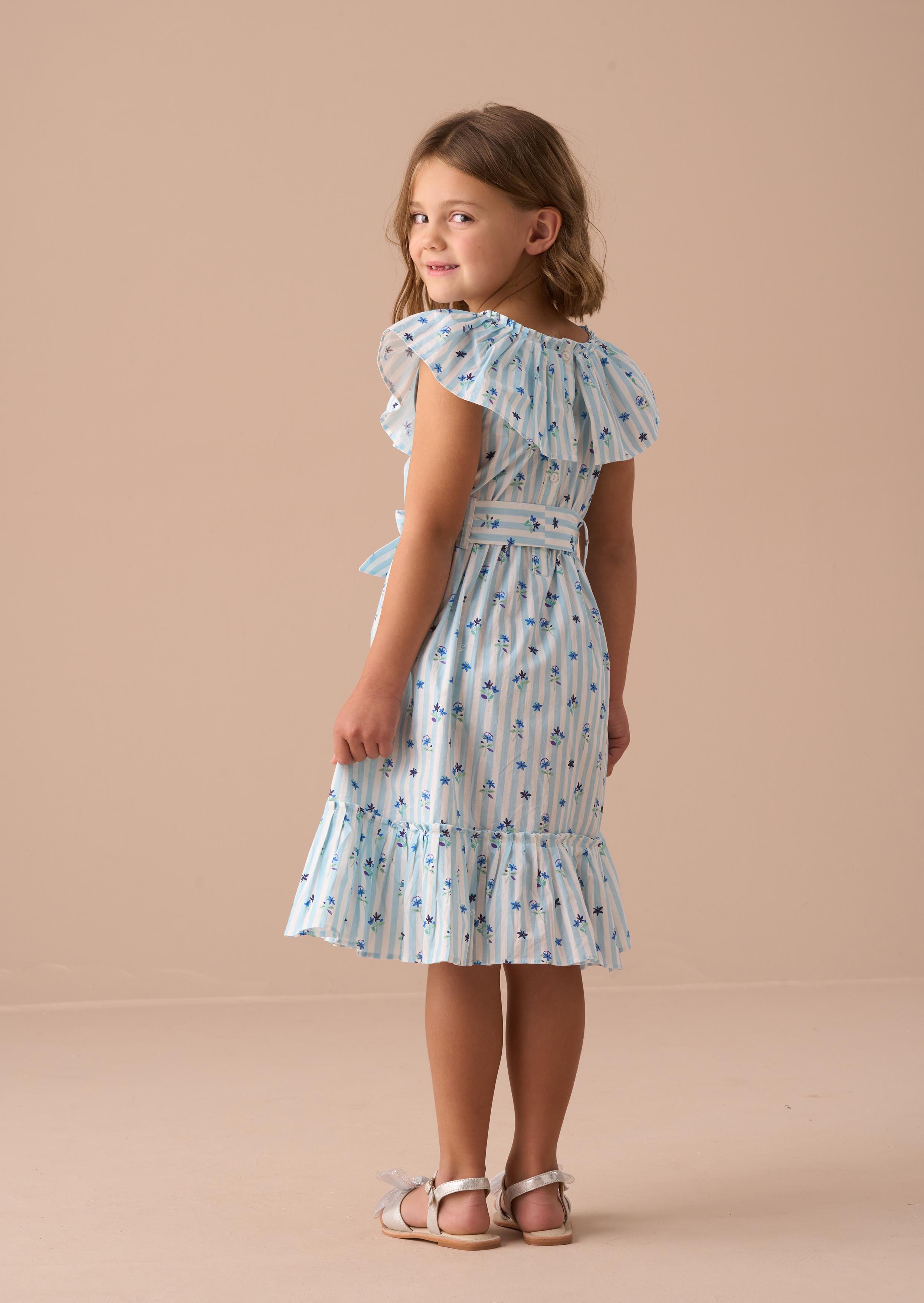 Cotton Girls Blue Pleated Collar Dress