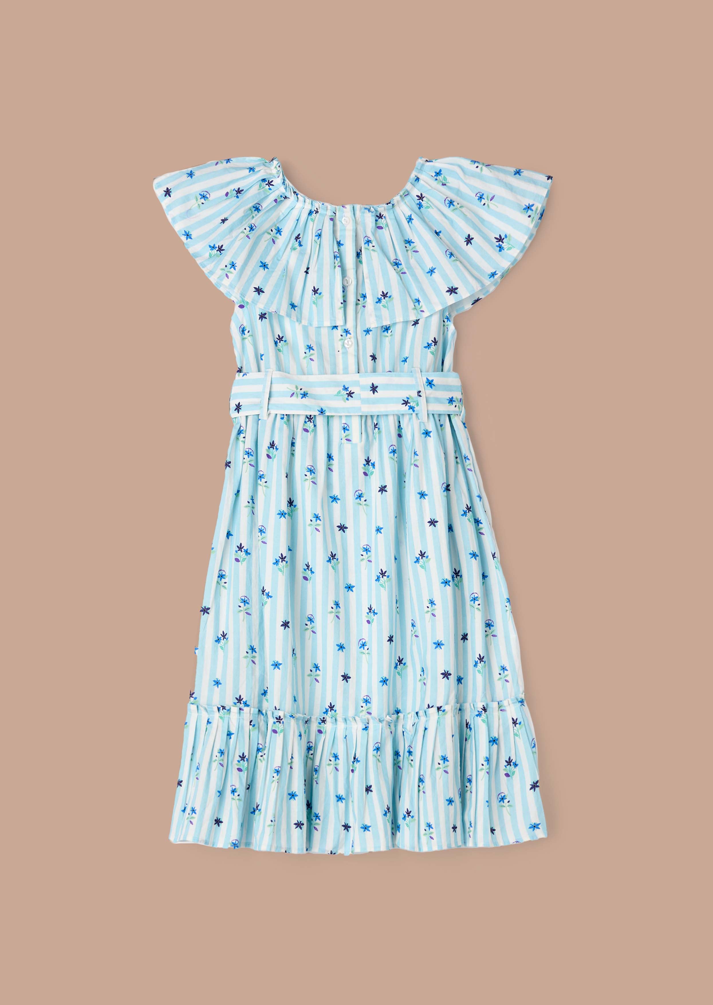 Printed Girls Blue Pleated Collar Dress