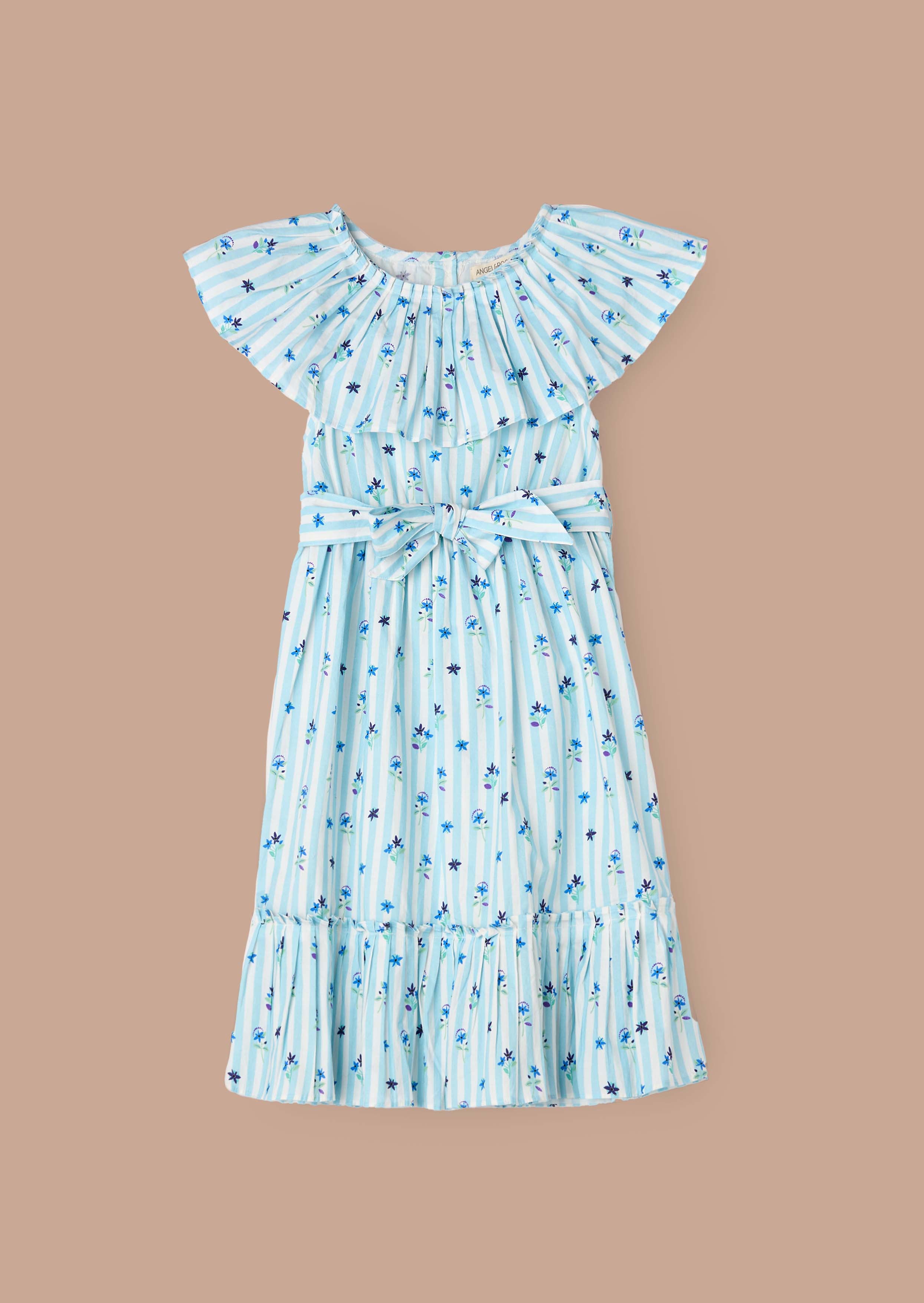 Floral Girls Blue Pleated Collar Dress
