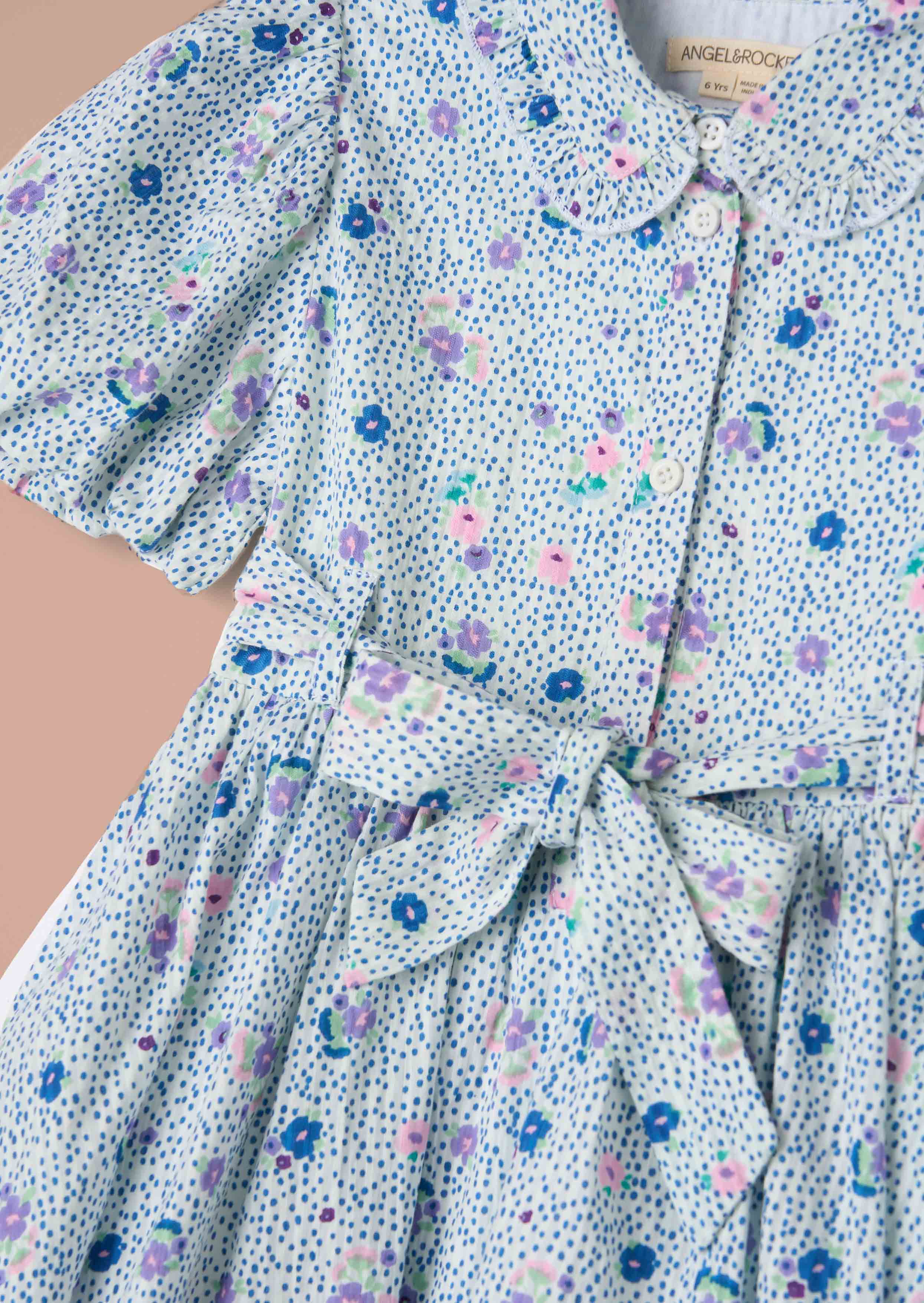 puff sleeve girls Blue Printed Shirt Dress