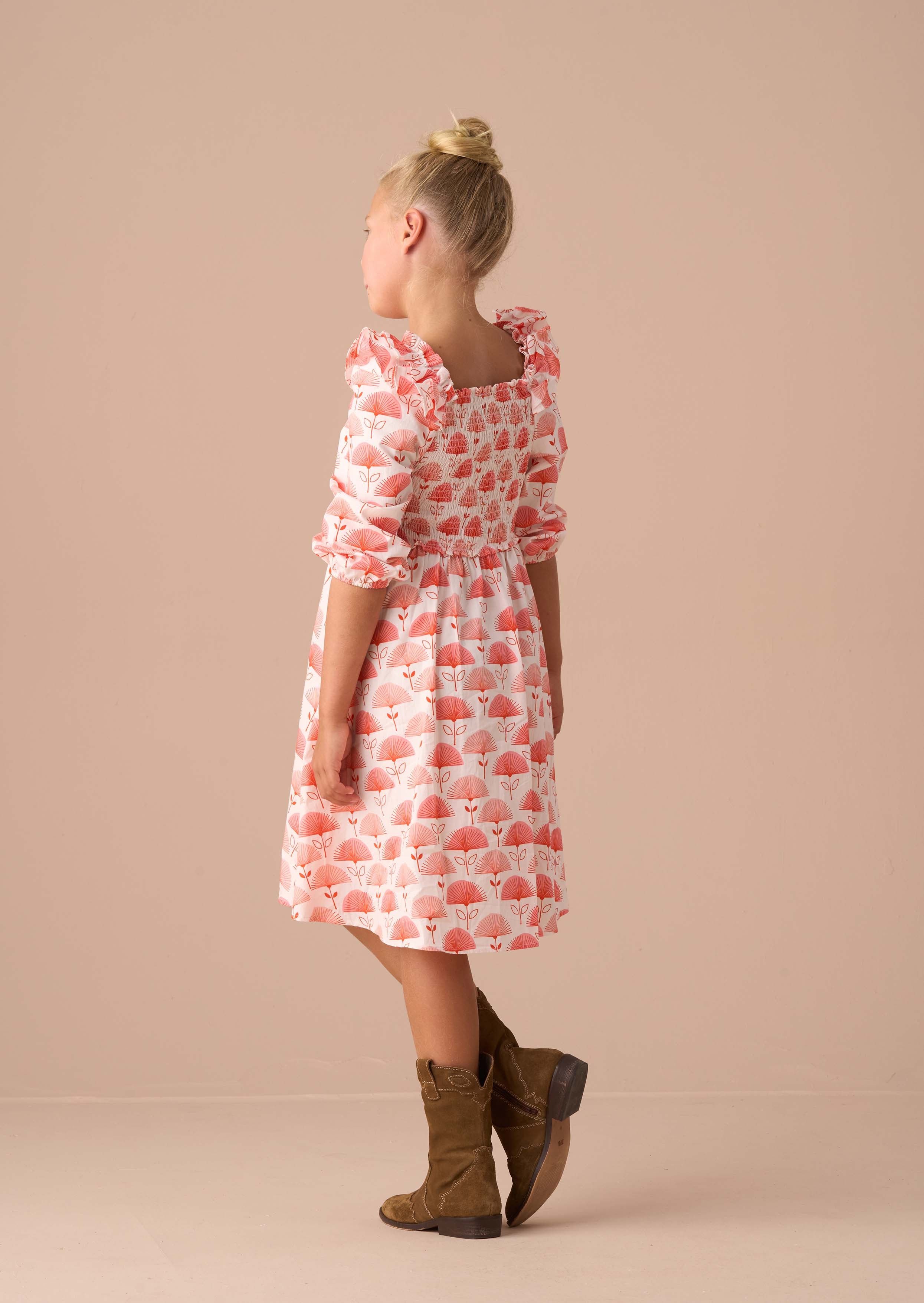 Mini Girls Pink Ruffle Shoulder Print Dress