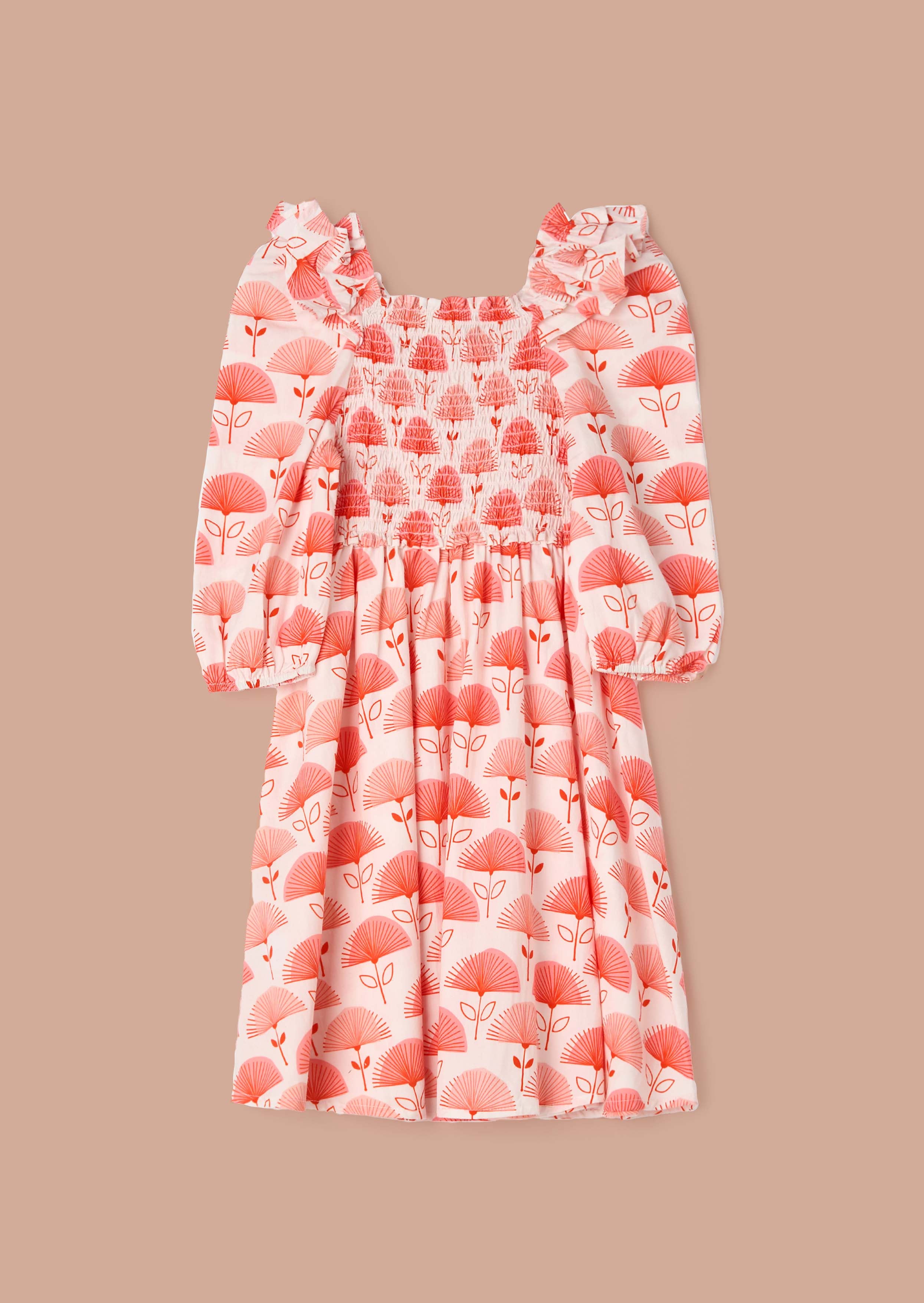 Online Girls Pink Ruffle Shoulder Print Dress