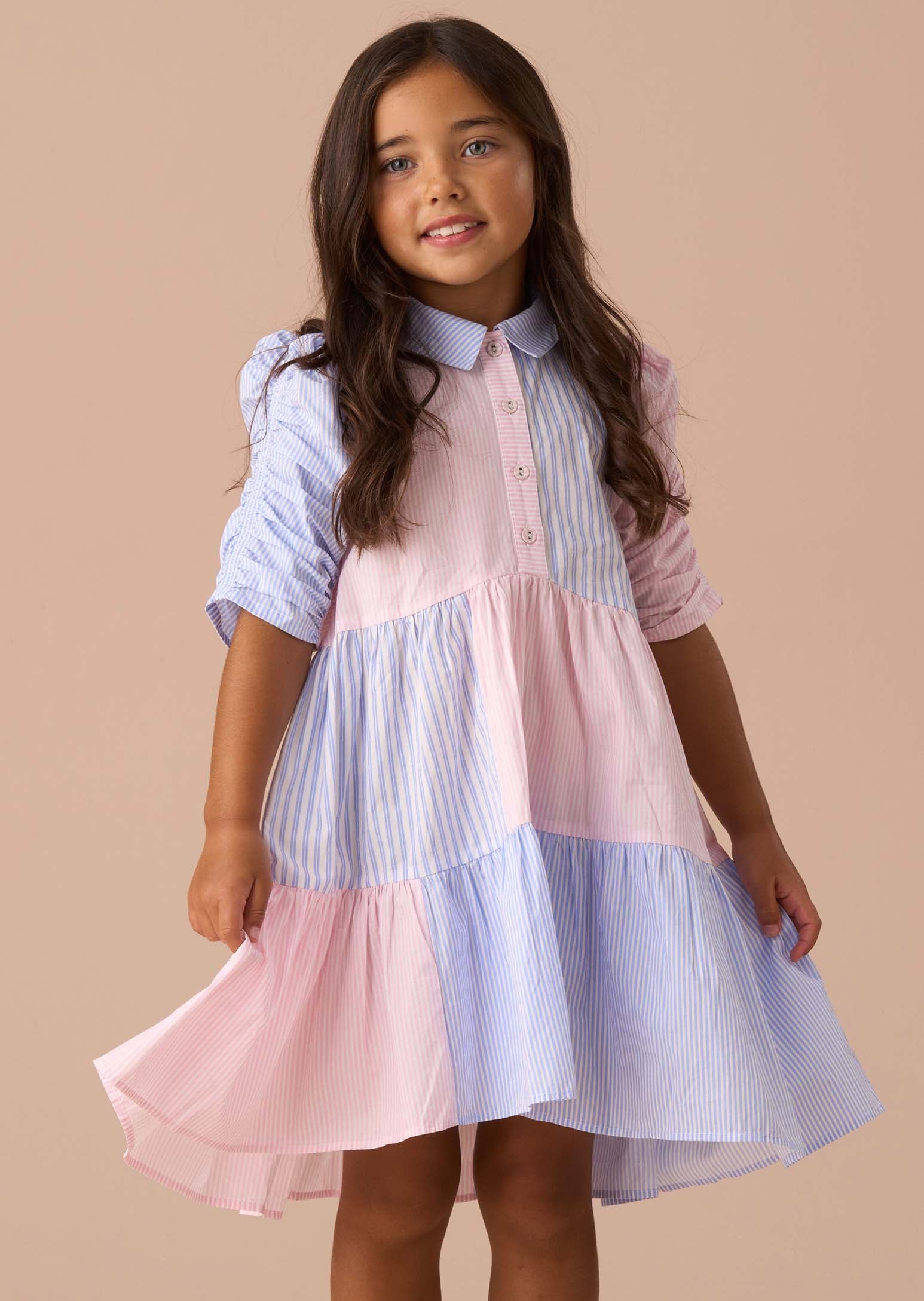 Girls Frankie Blue Mix Stripe Shirt Dress