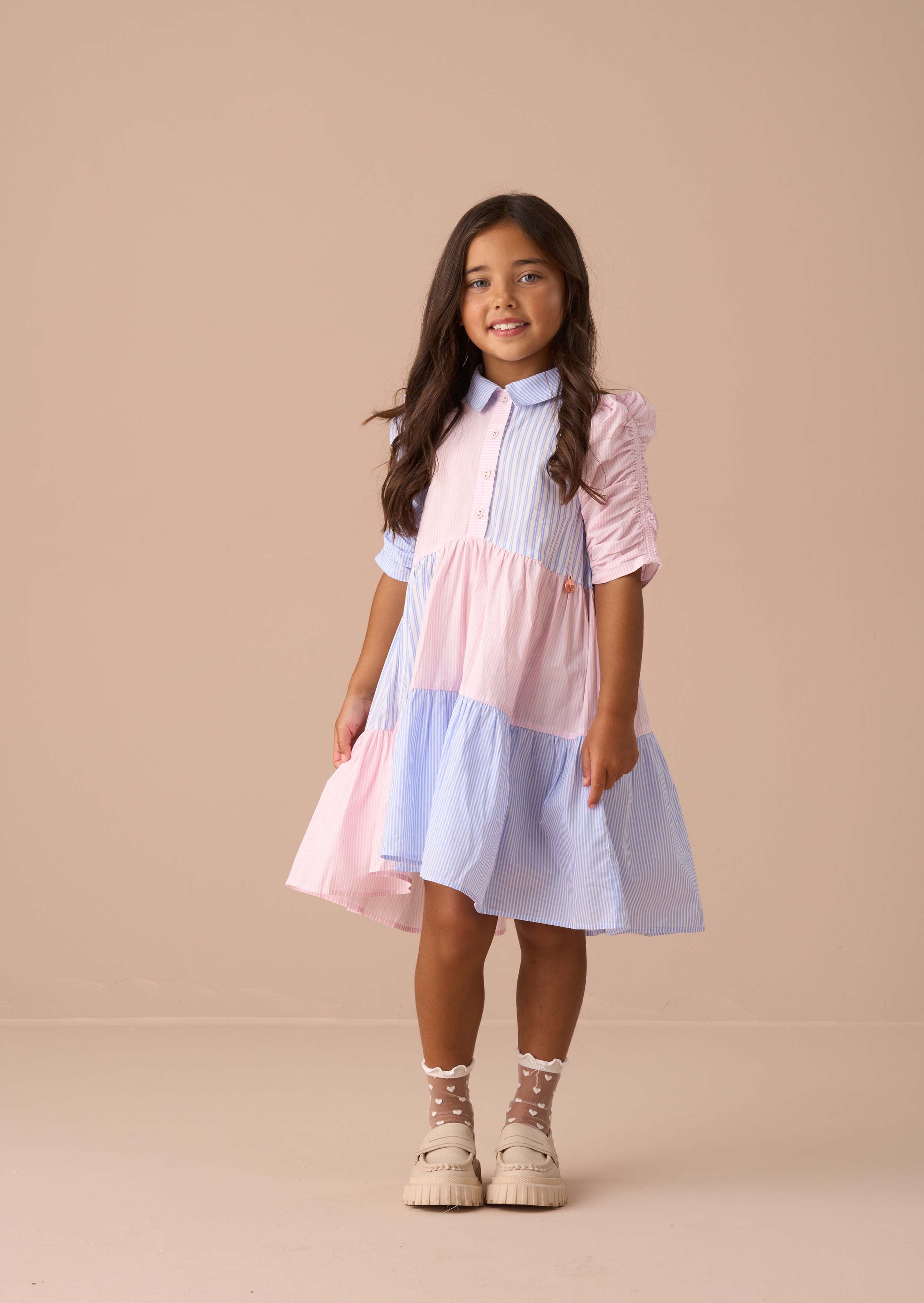 Half Sleeve Girls Frankie Blue Mix Stripe Shirt Dress