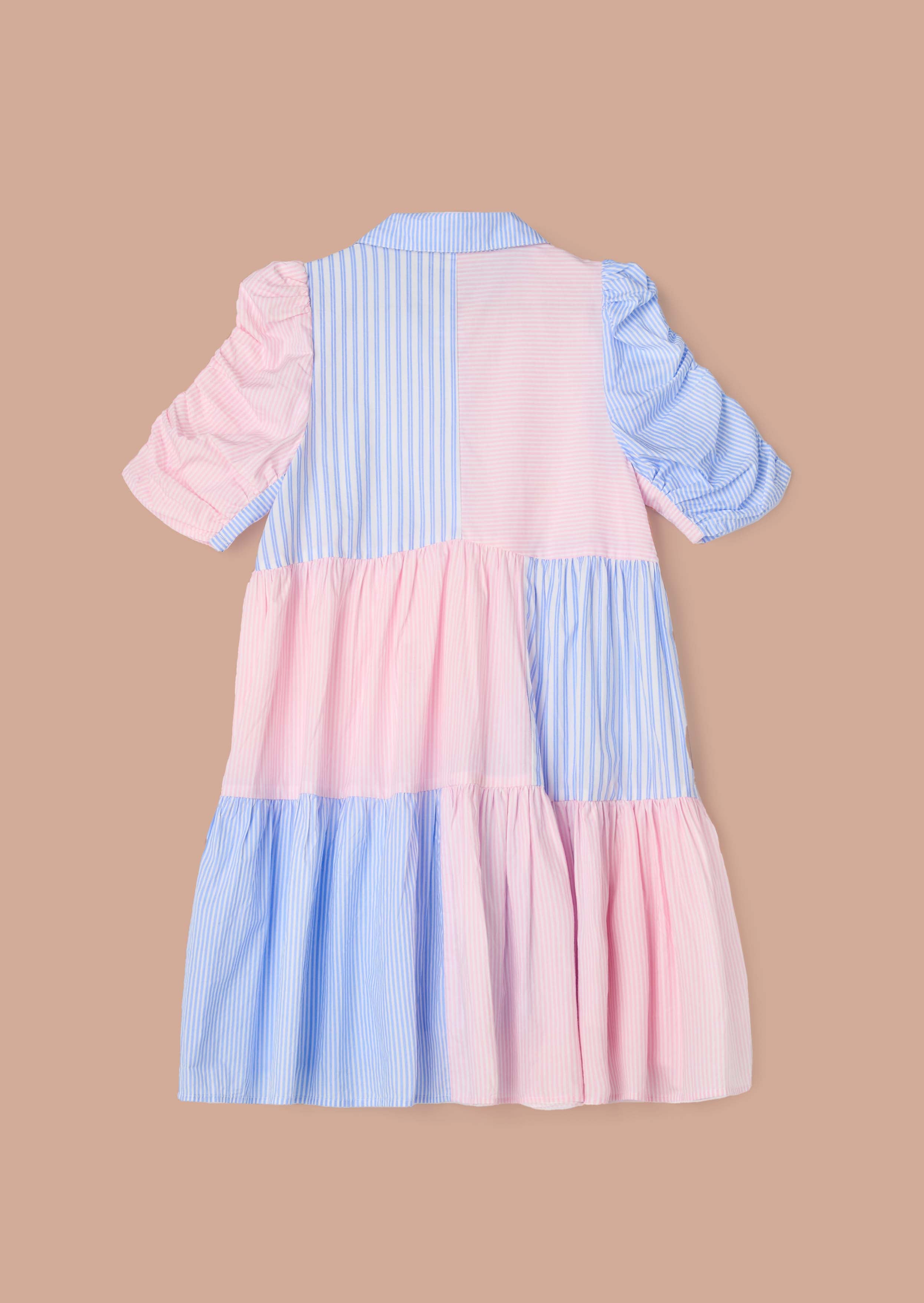 Cotton Girls Frankie Blue Mix Stripe Shirt Dress