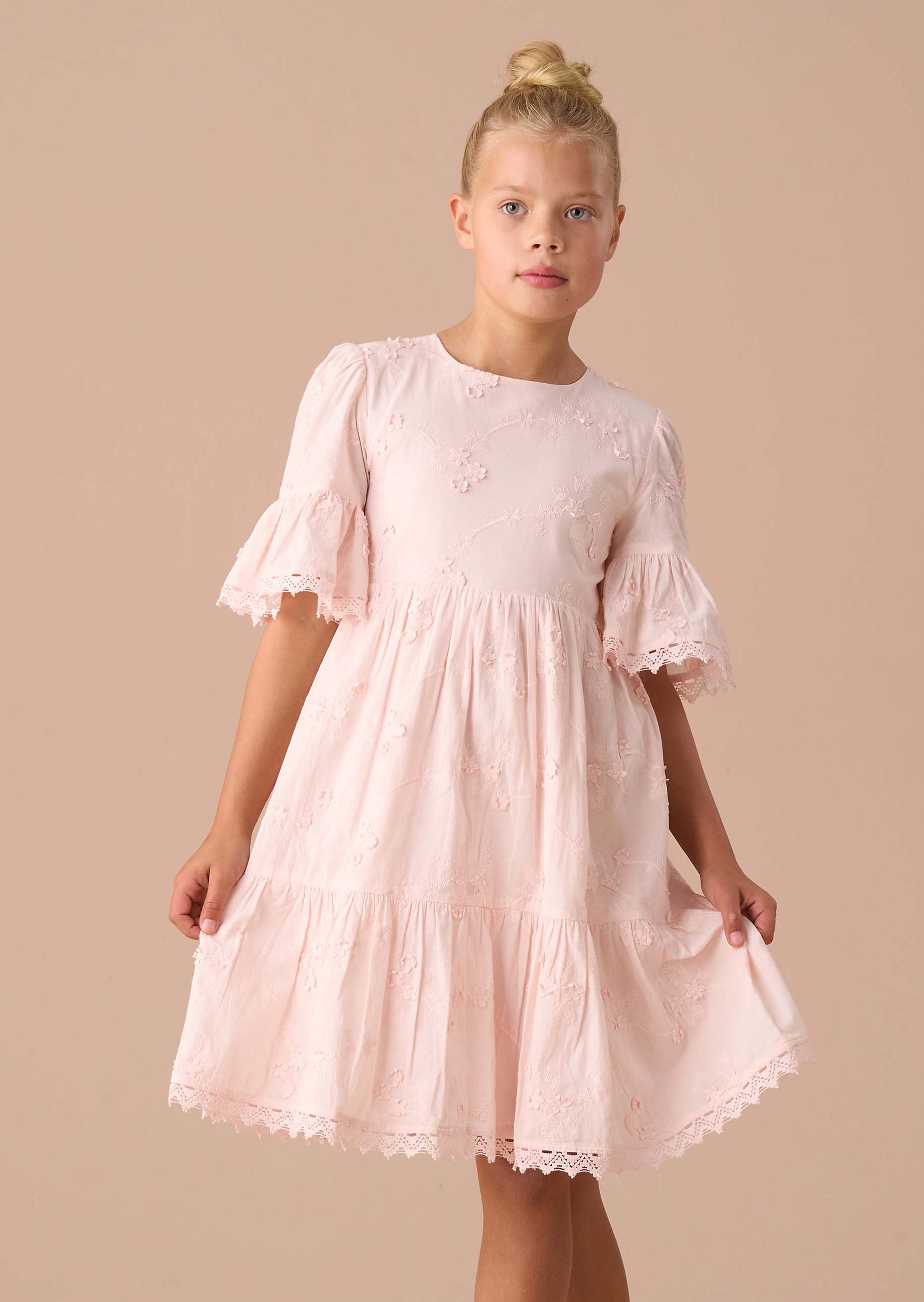 Girls Pink Textured Floral Dress