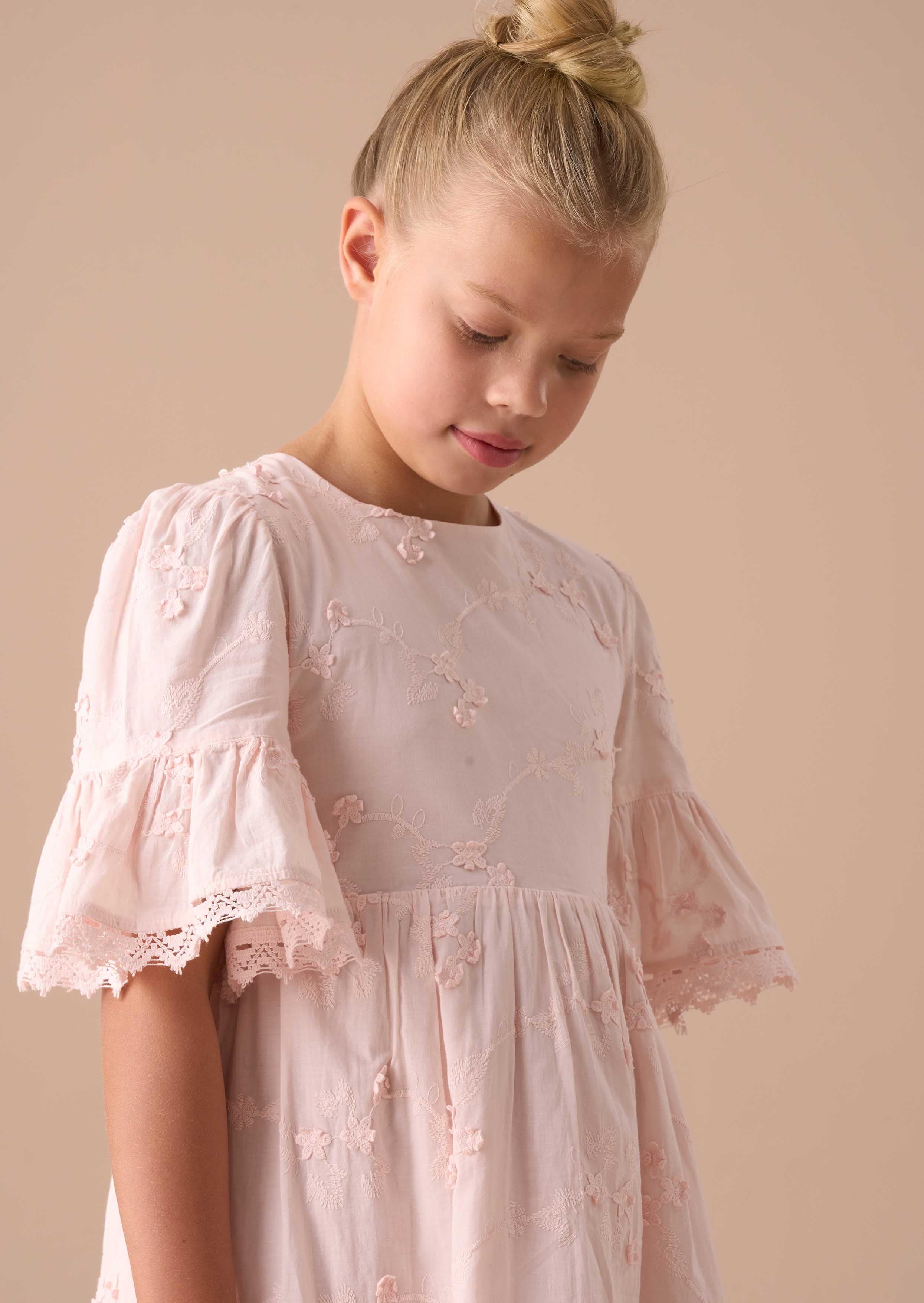 Printed Girls Pink Textured Floral Dress
