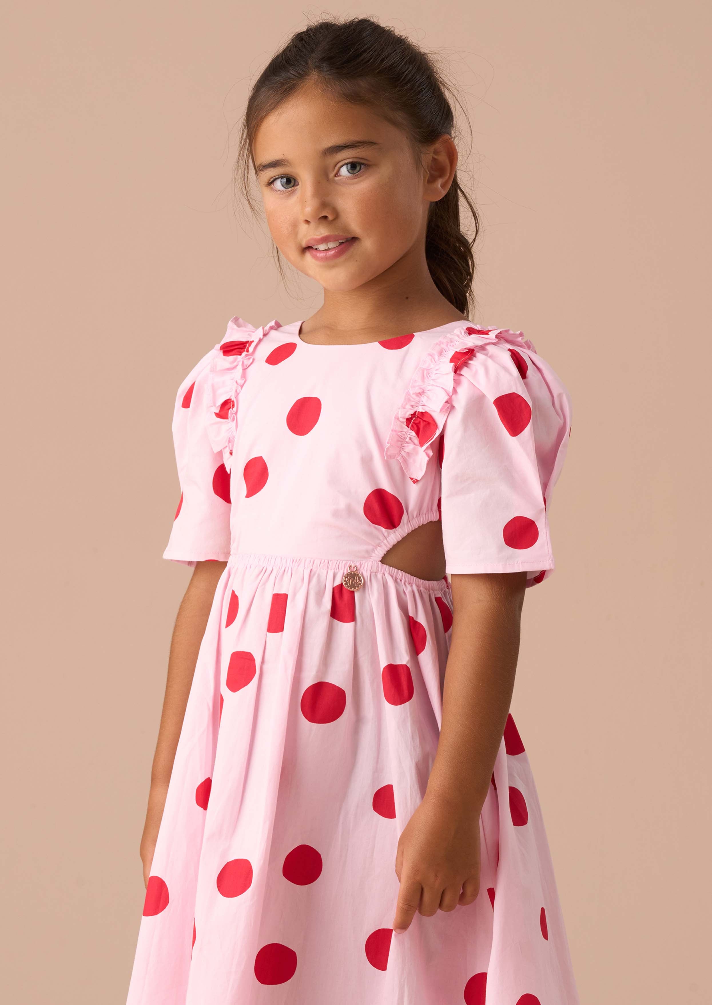 Girls Pink Spot Puff Sleeve Dress