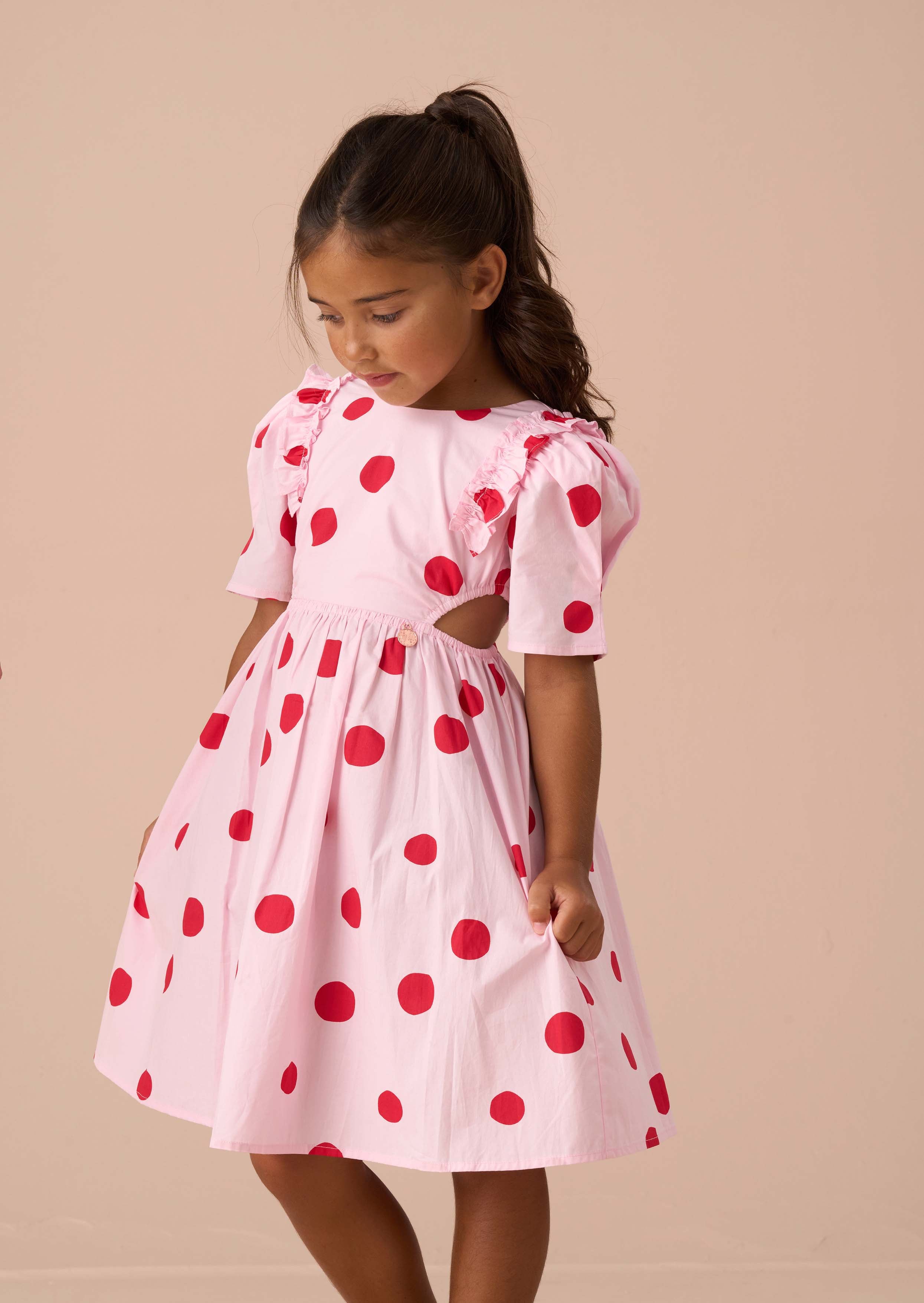 Print Pink Spot Puff Sleeve Dress