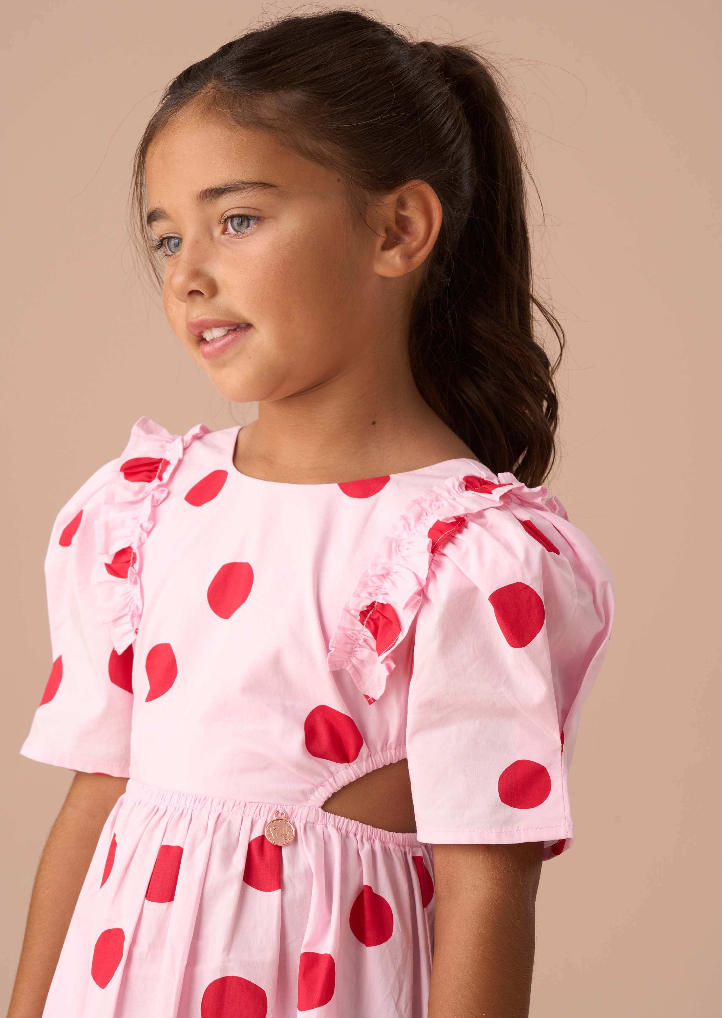 Cotton Pink Spot Puff Sleeve Dress