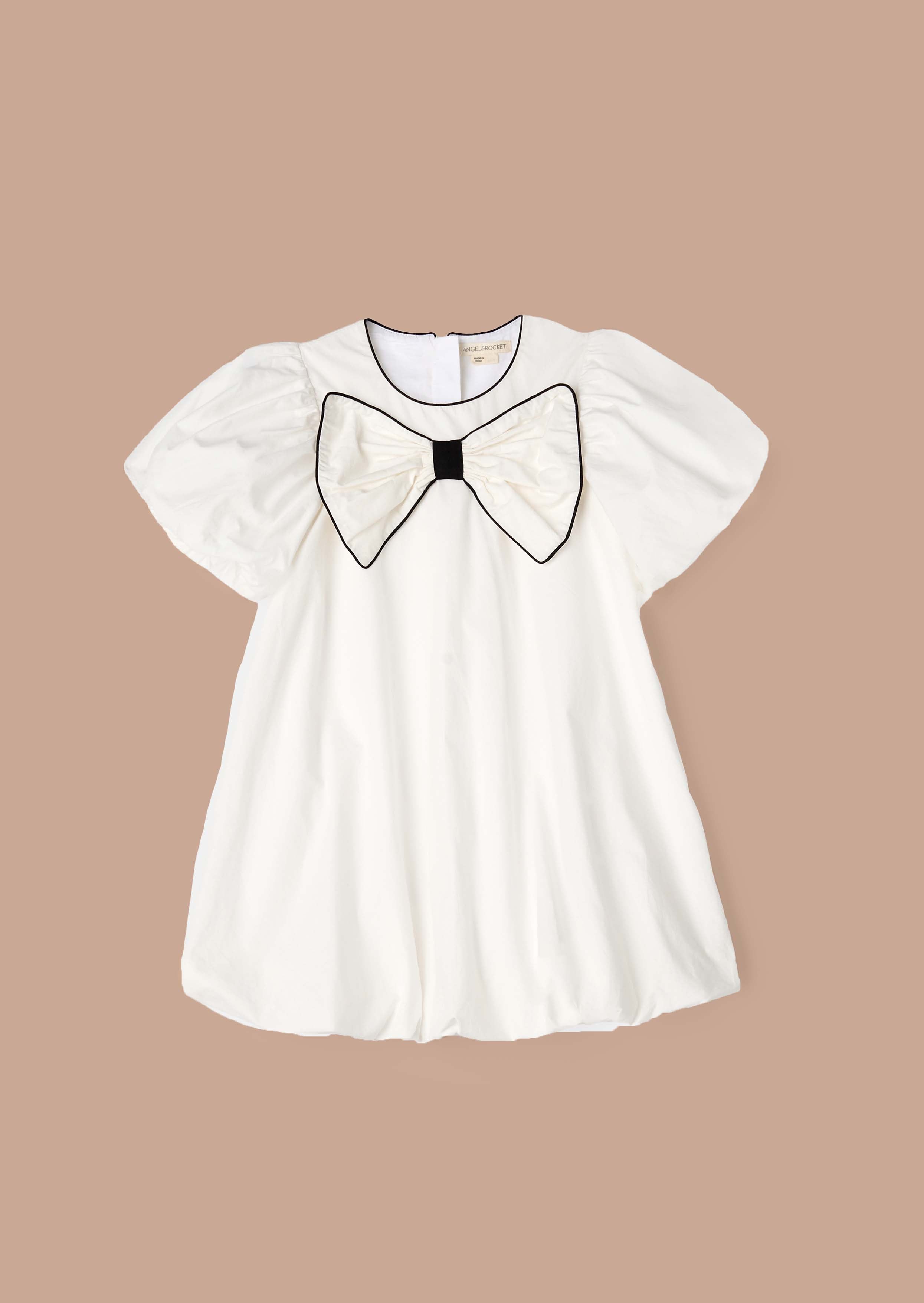 short sleeve girls white puffball bow dress