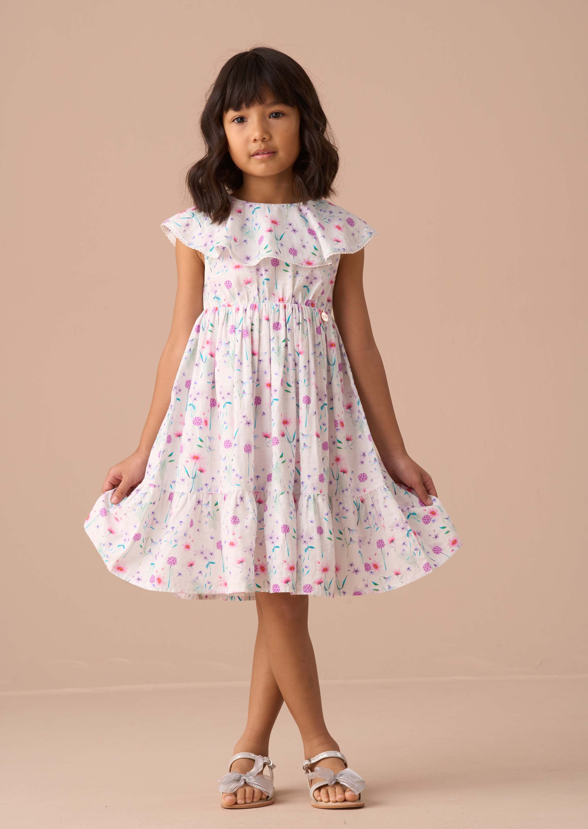 Sleeveless Girls White Floral Collar Dress