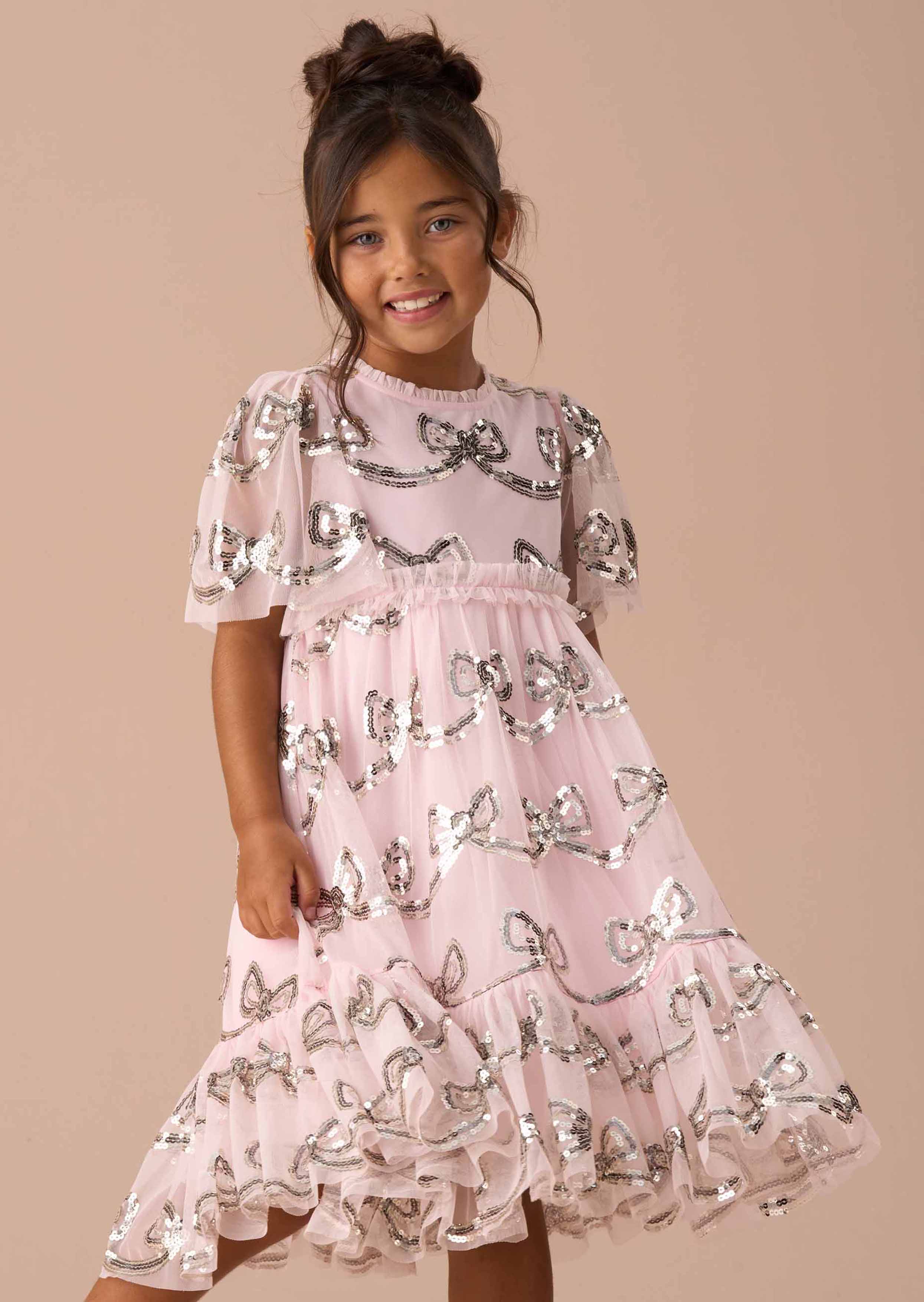 Girls Pink Sequin Bow Dress