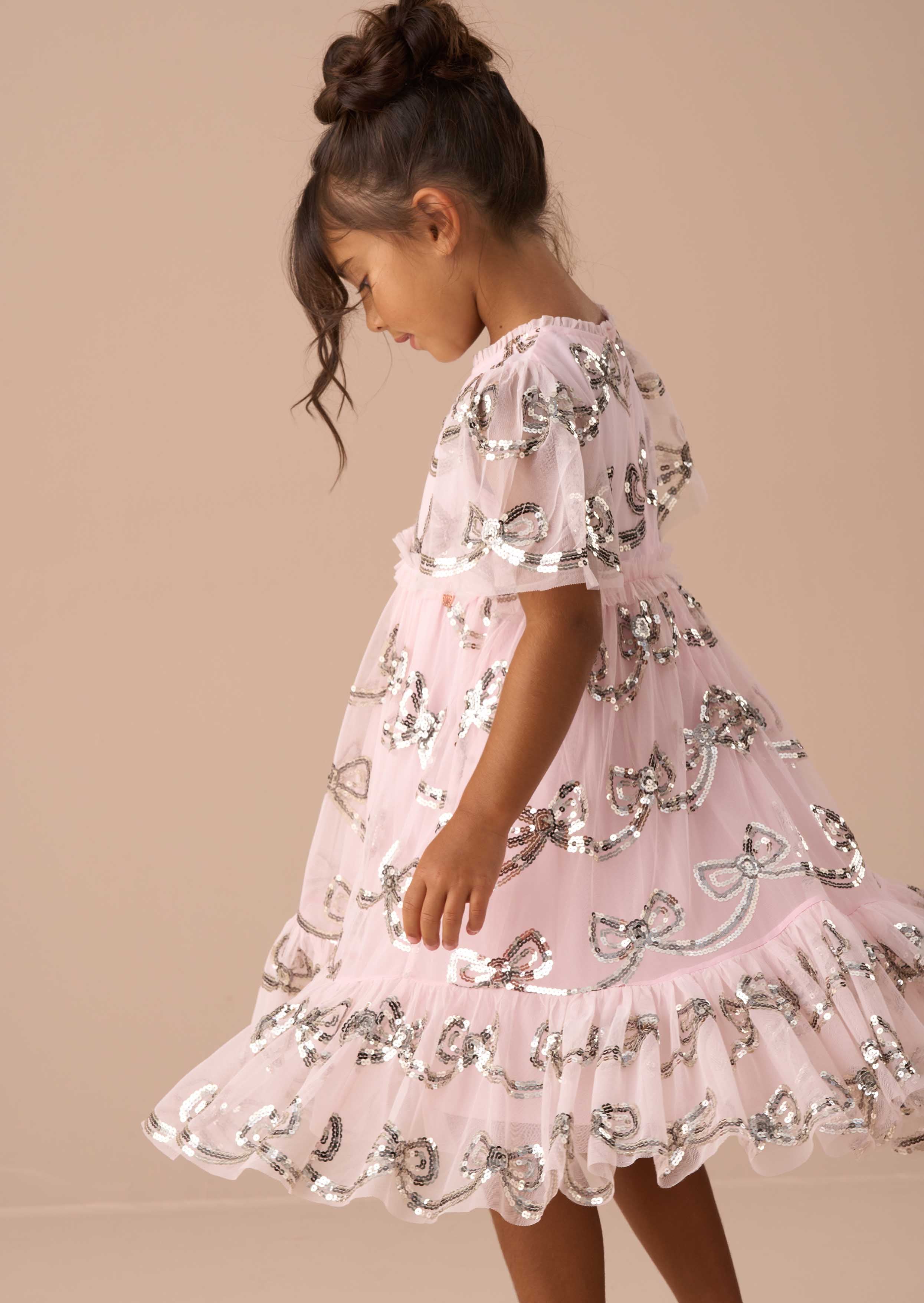 Short Sleeve Girls Pink Sequin Bow Dress