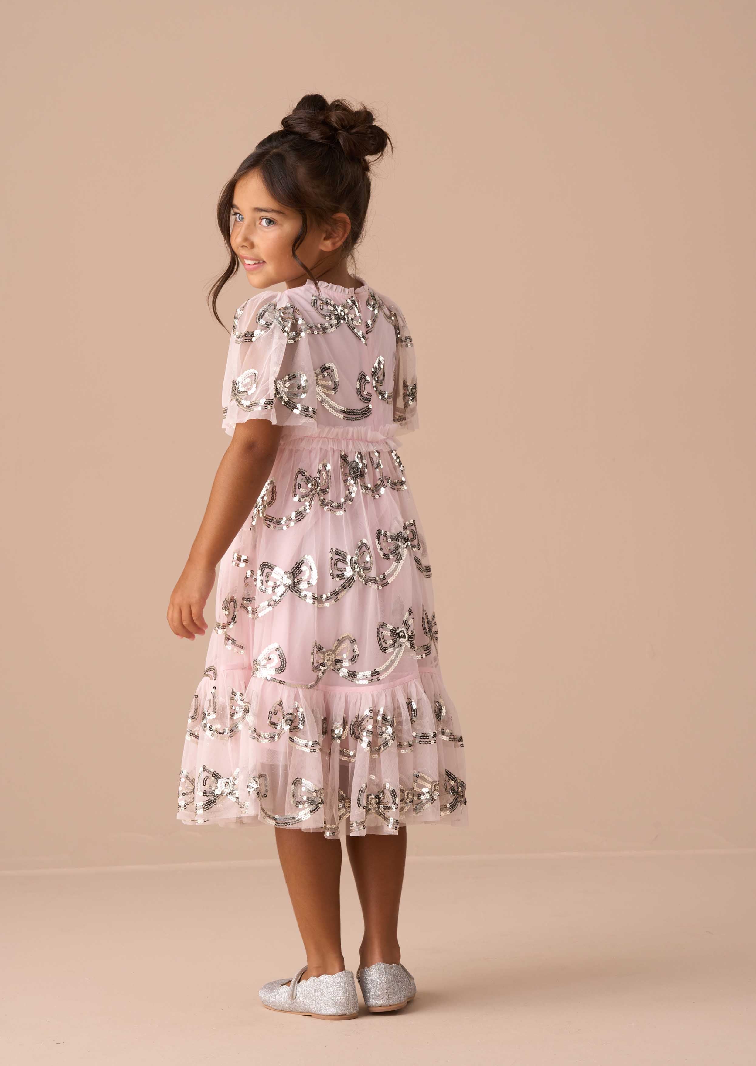 Maxi Girls Pink Sequin Bow Dress