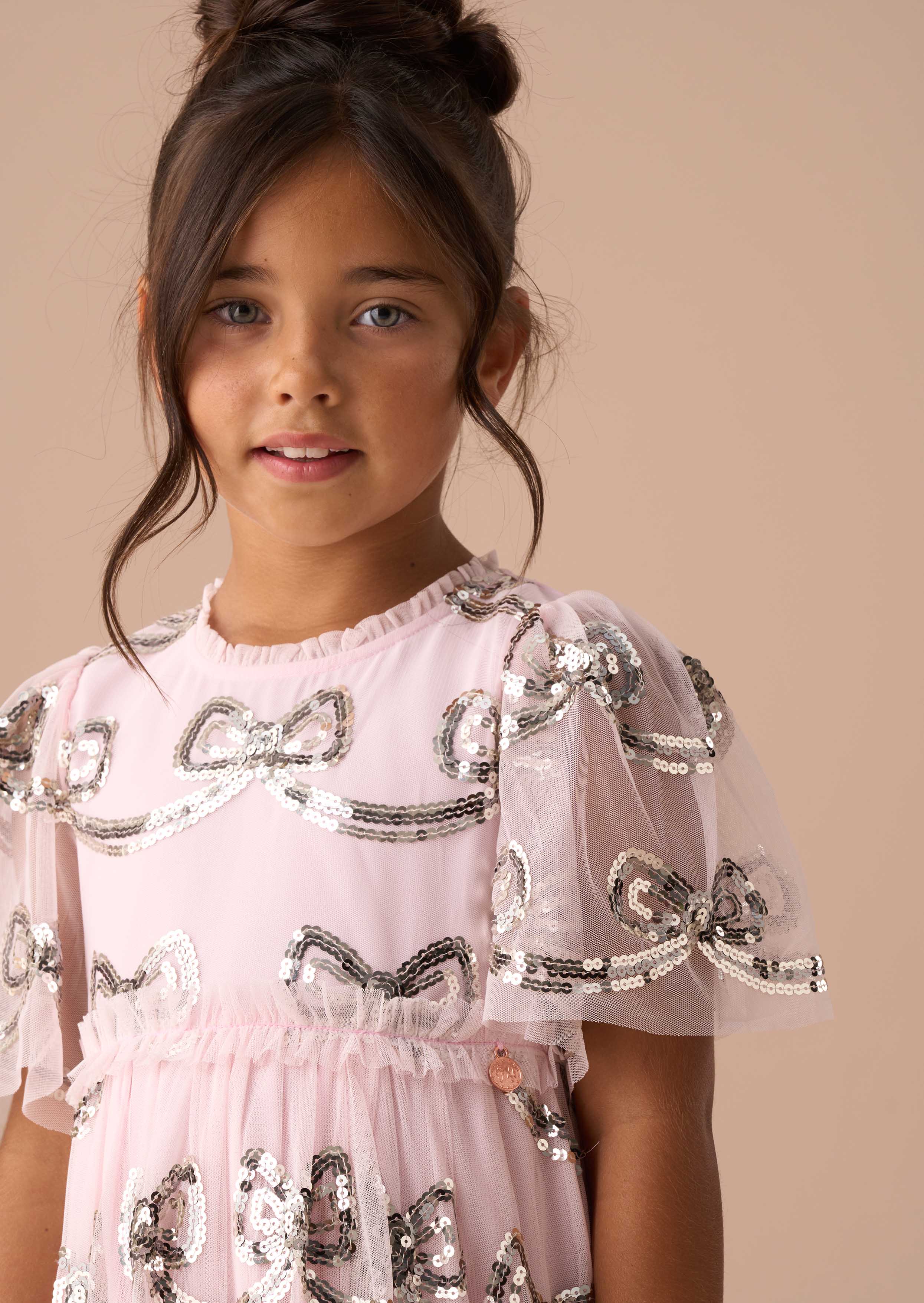 Midi Girls Pink Sequin Bow Dress