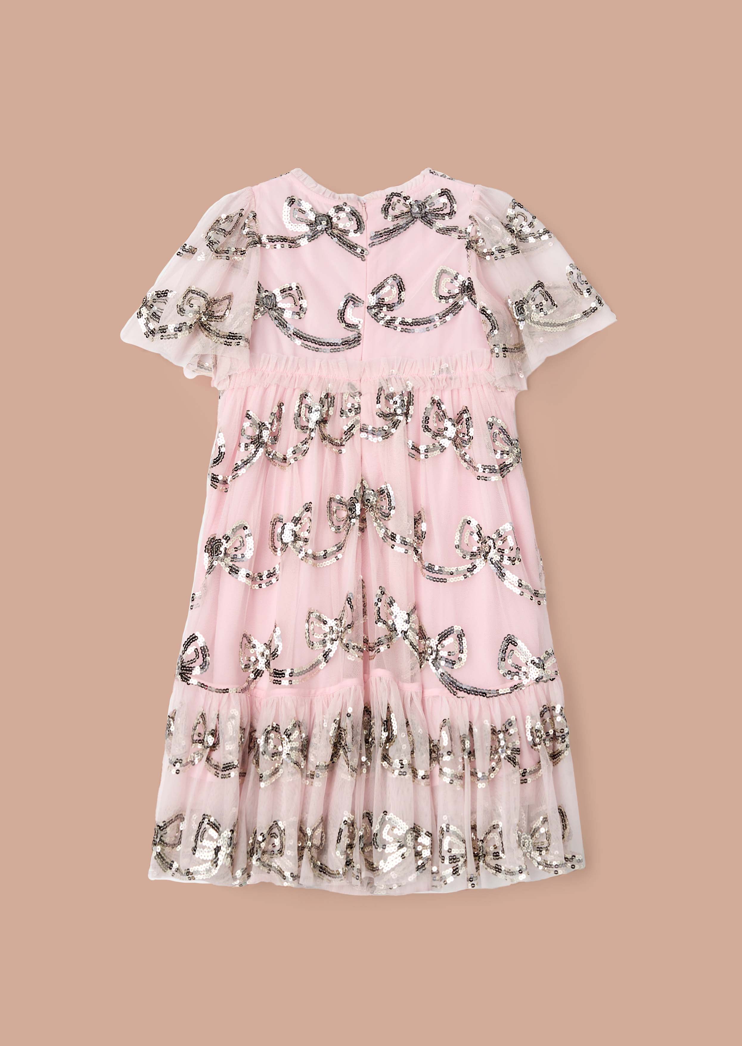 Embroidered Girls Pink Sequin Bow Dress
