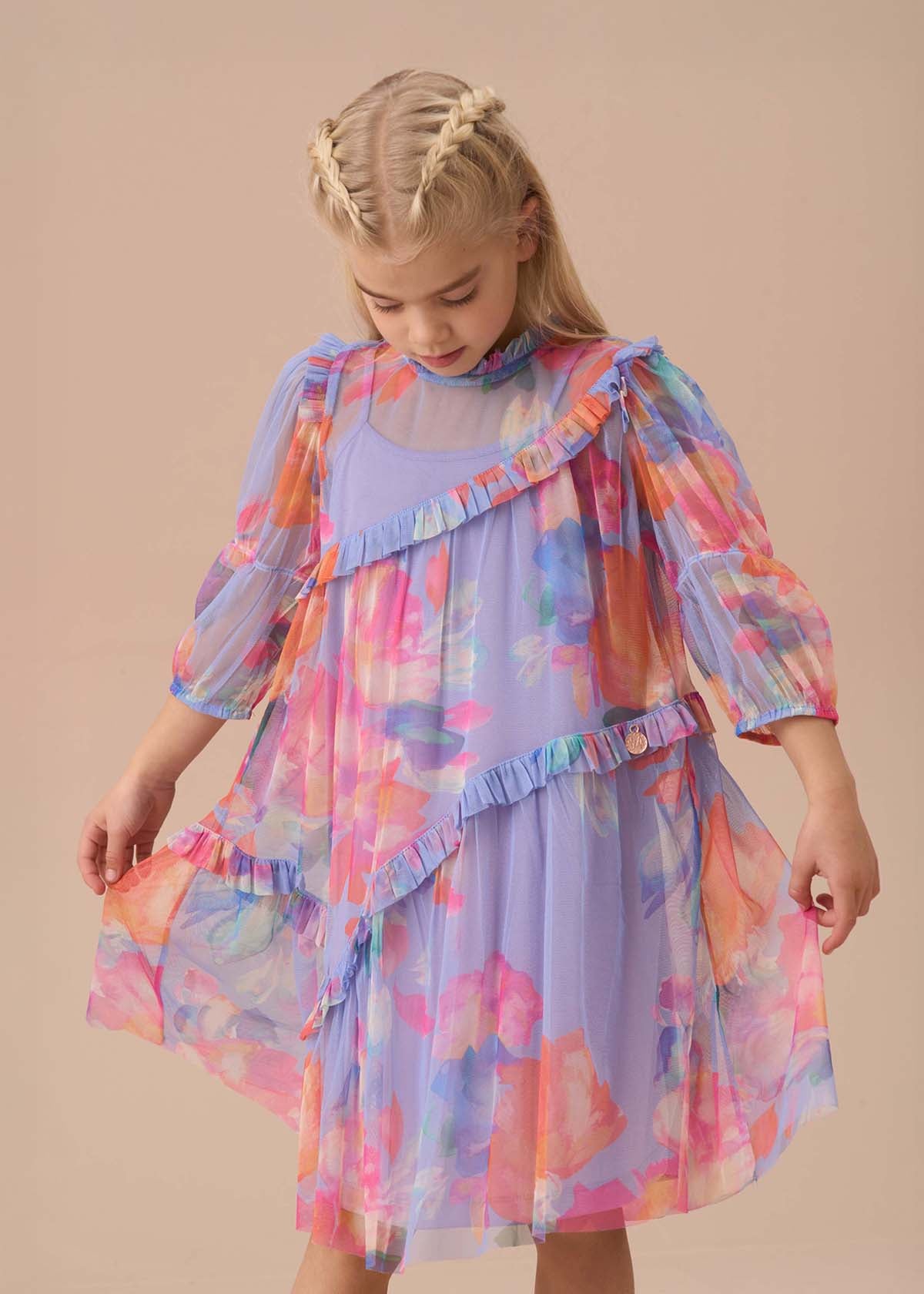 Girls Multi Mesh Asymmetric Frill Dress