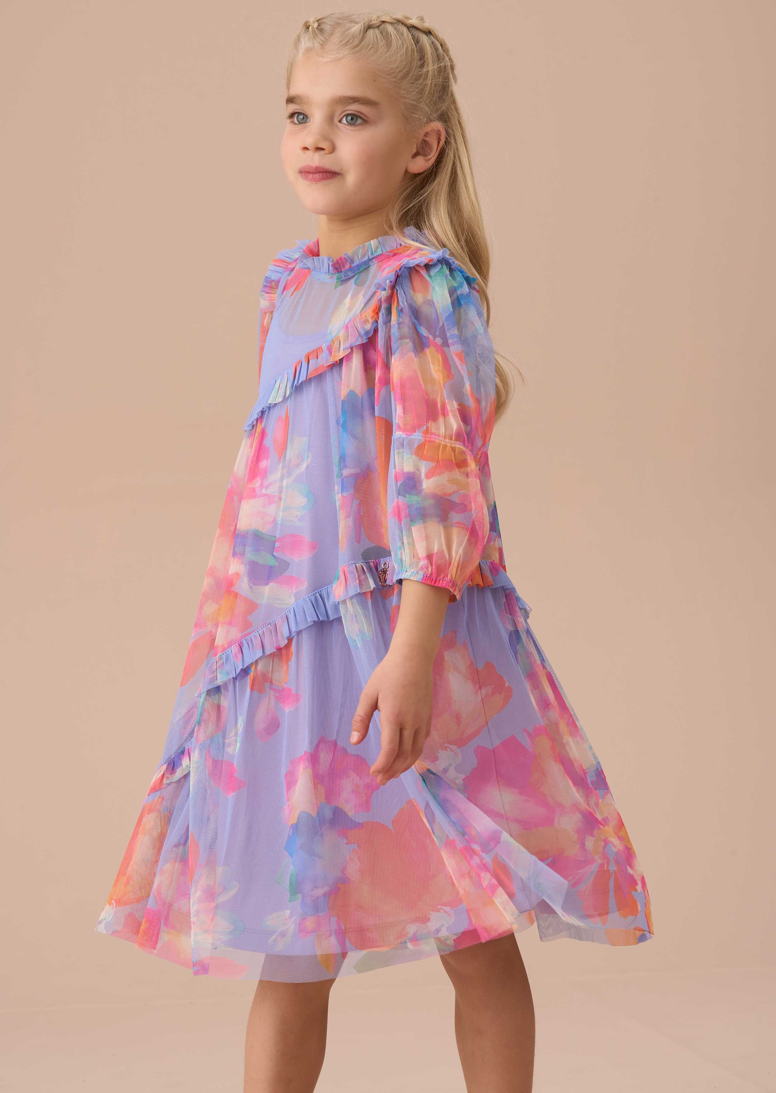 Midi Girls Multi Mesh Asymmetric Frill Dress