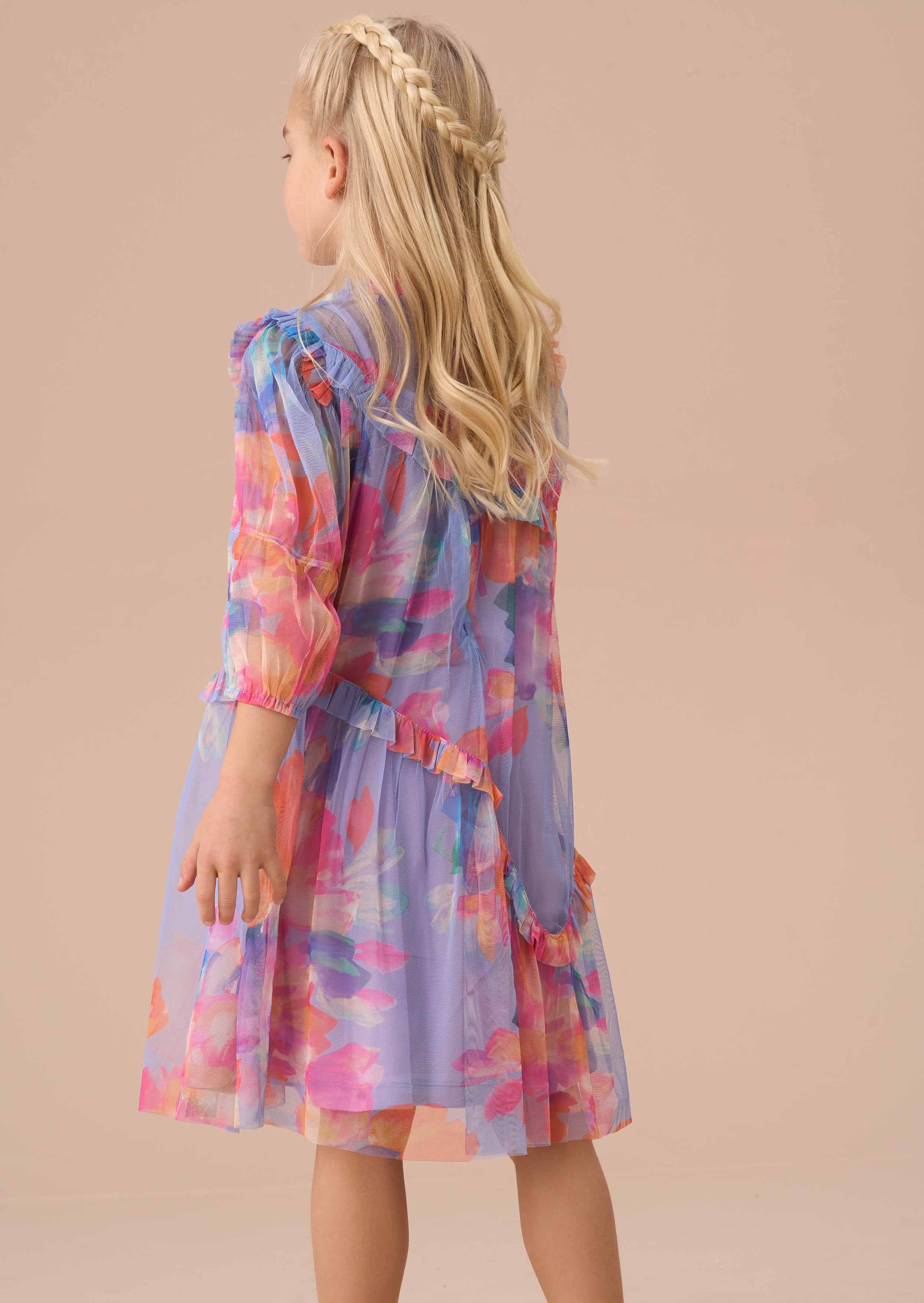 Printed Girls Multi Mesh Asymmetric Frill Dress