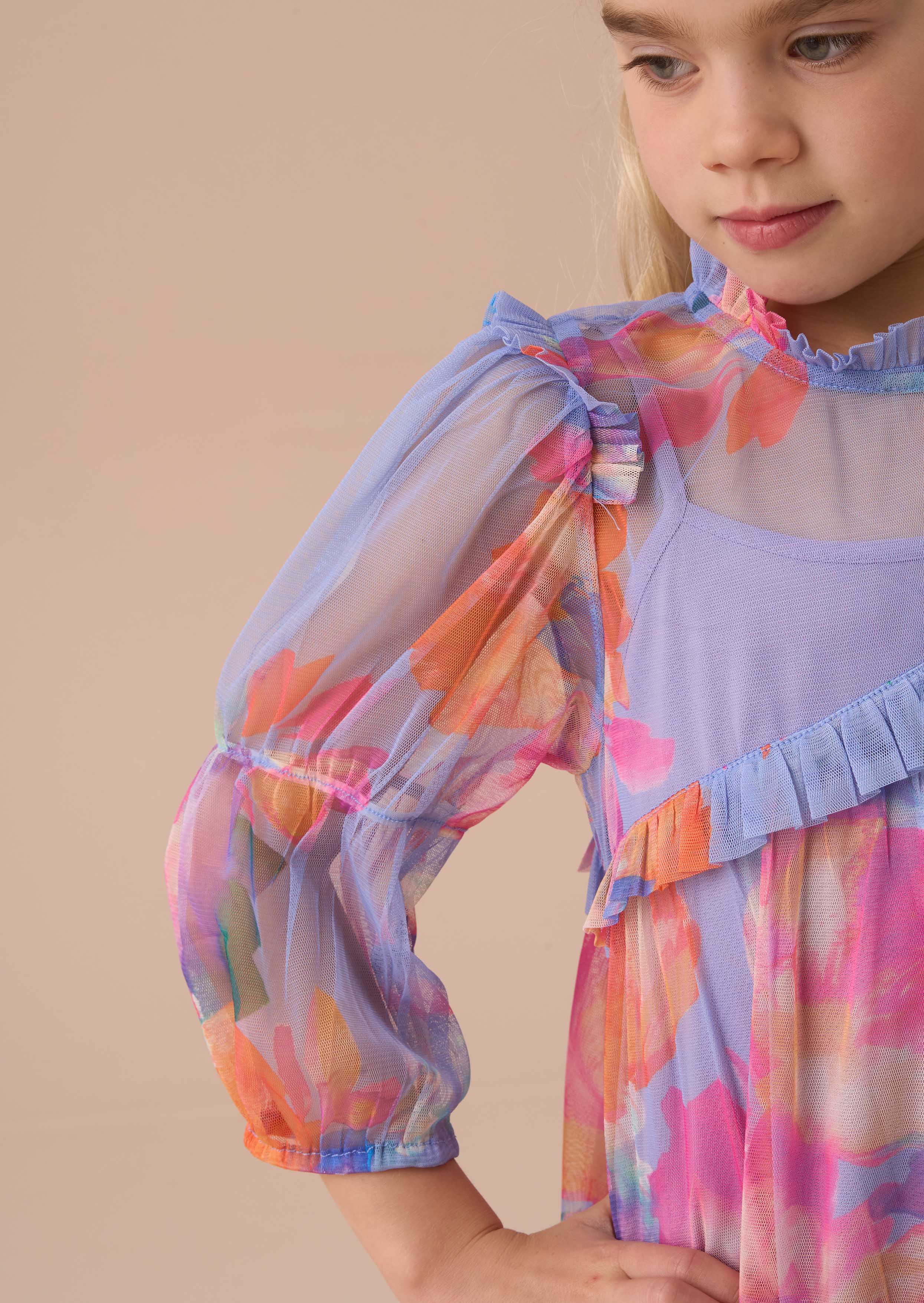 Casual Girls Multi Mesh Asymmetric Frill Dress