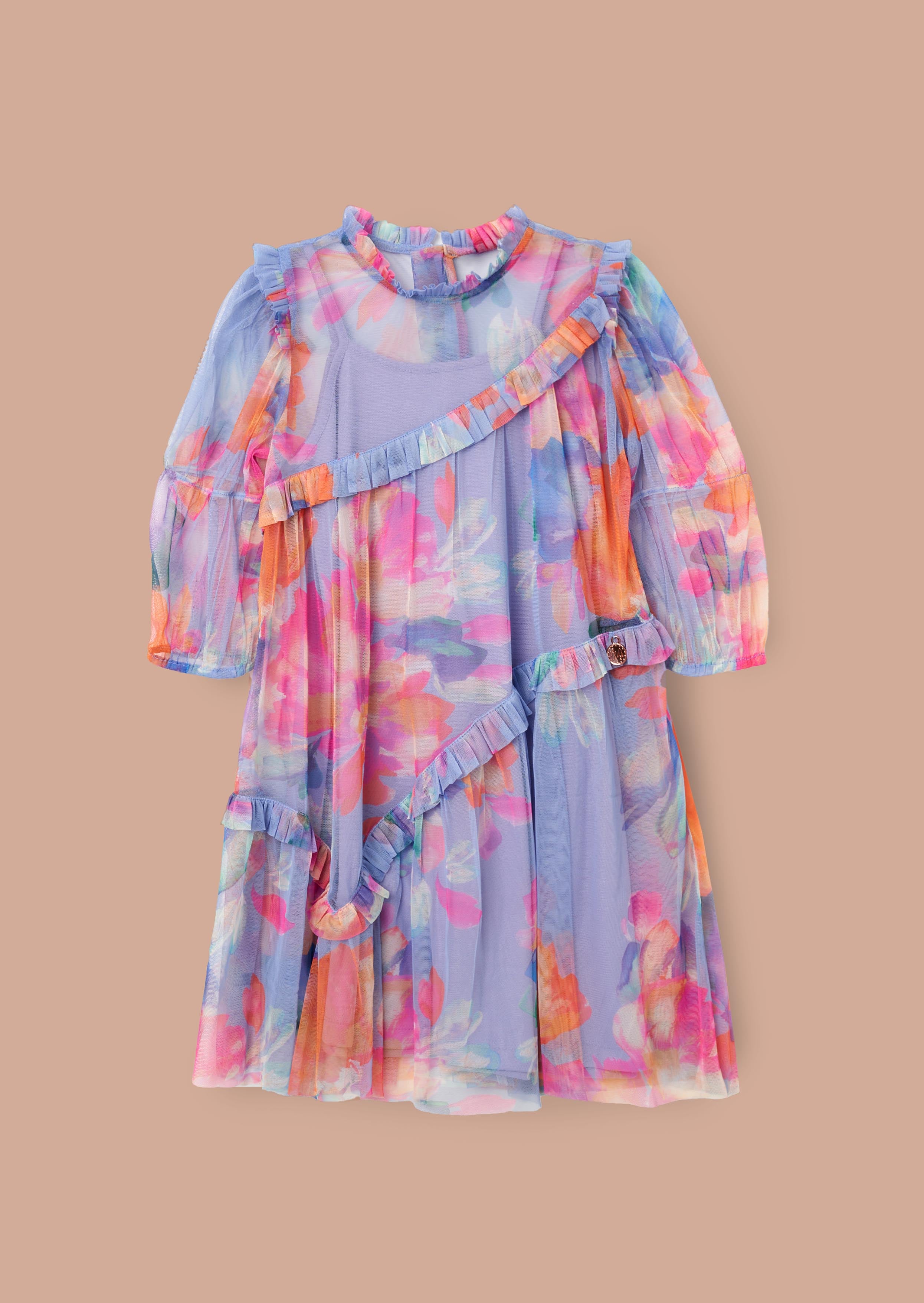 Maxi Girls Multi Mesh Asymmetric Frill Dress