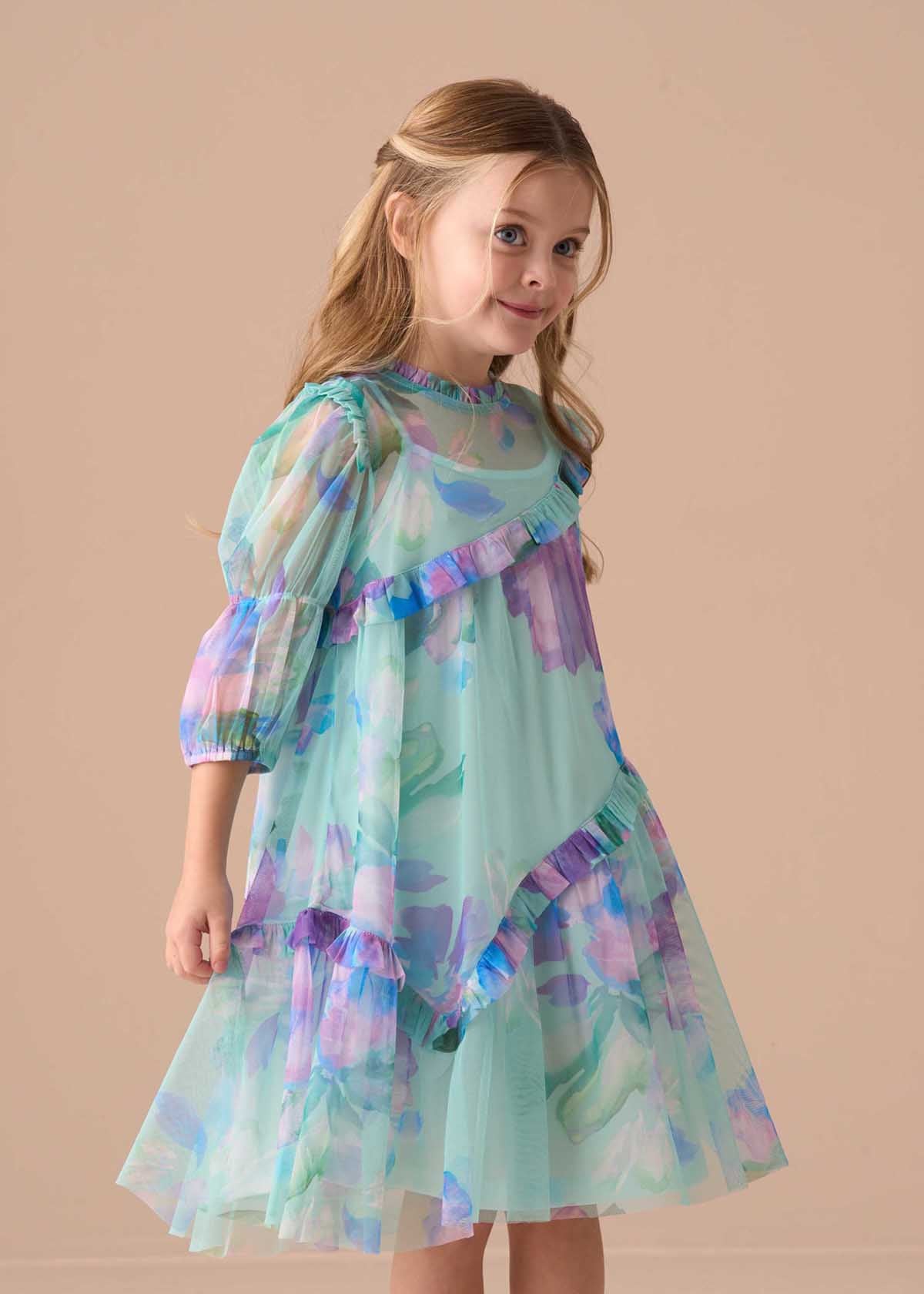 Girls Blue Mesh Asymmetric Frill Dress