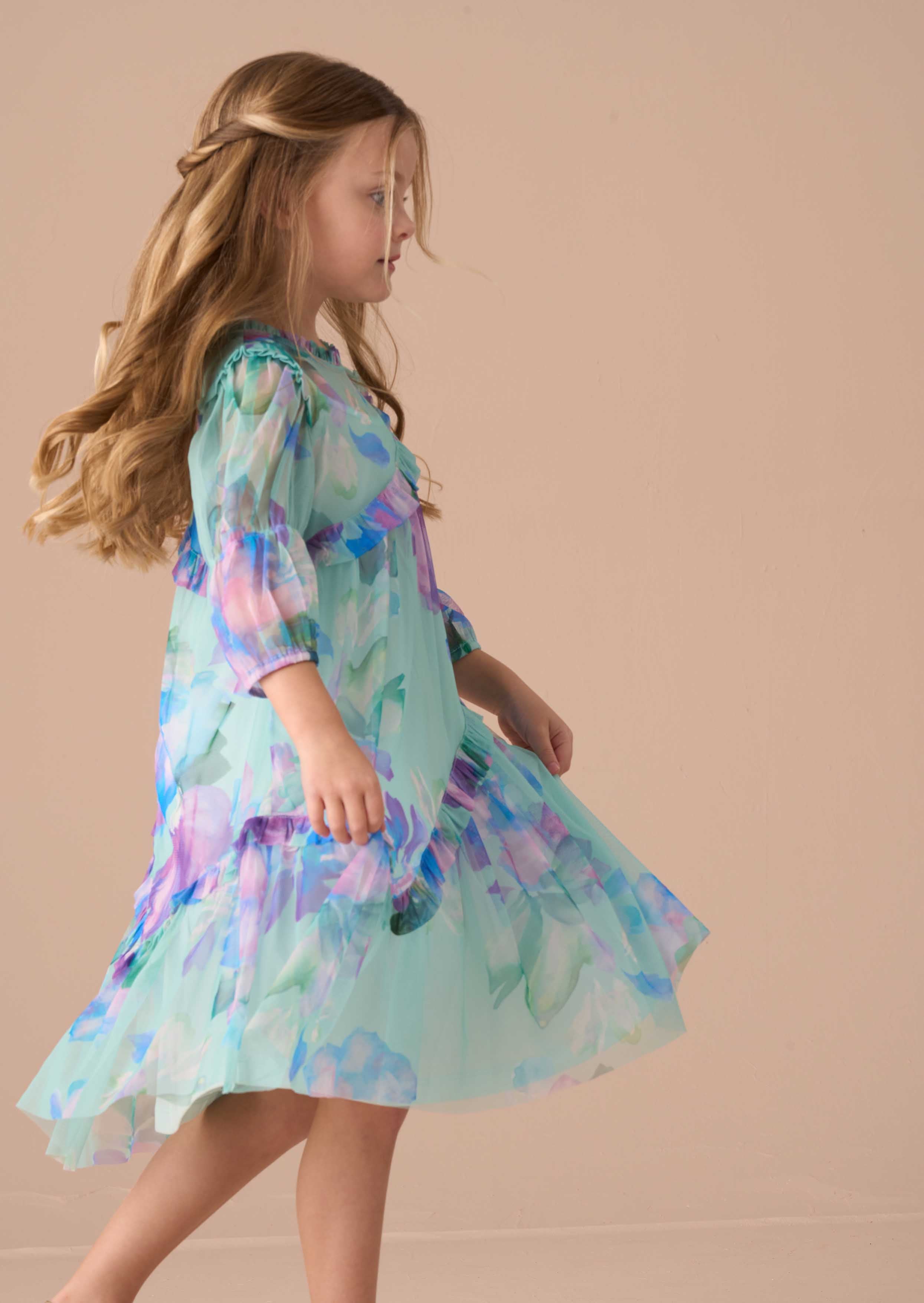 Midi Girls Blue Mesh Asymmetric Frill Dress
