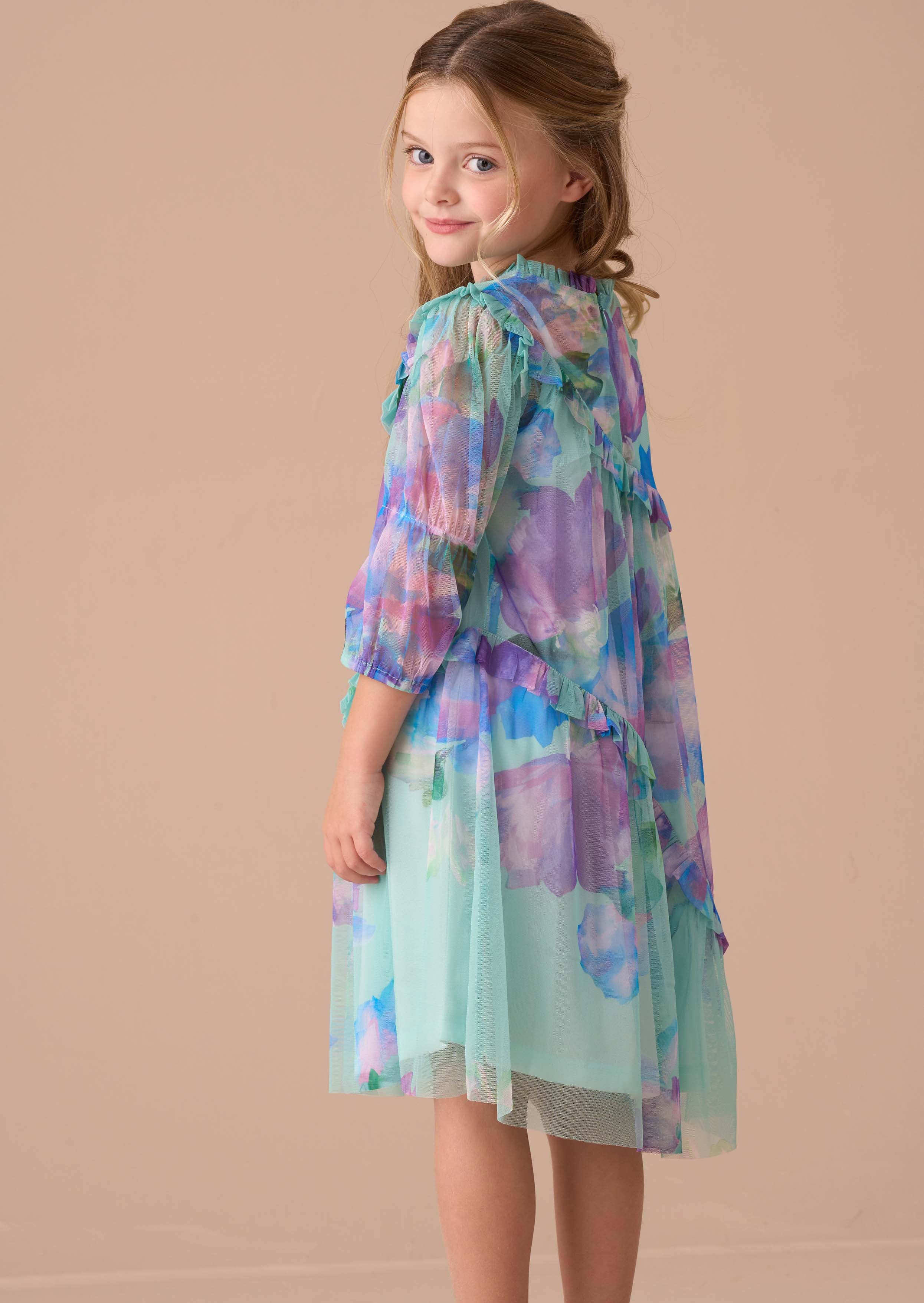 Printed Girls Blue Mesh Asymmetric Frill Dress