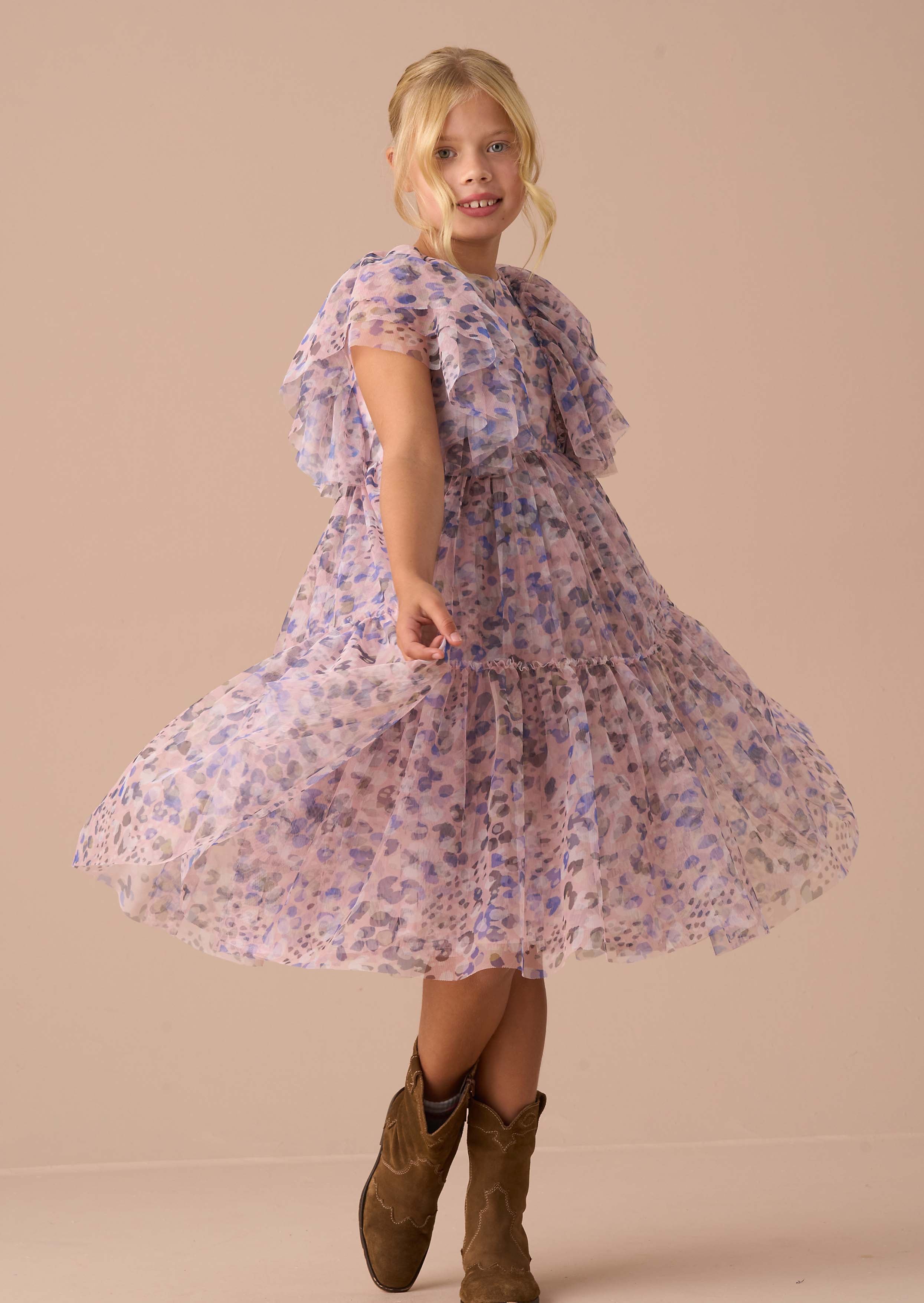 Maxi Girls Pink Printed Frill Mesh Dress