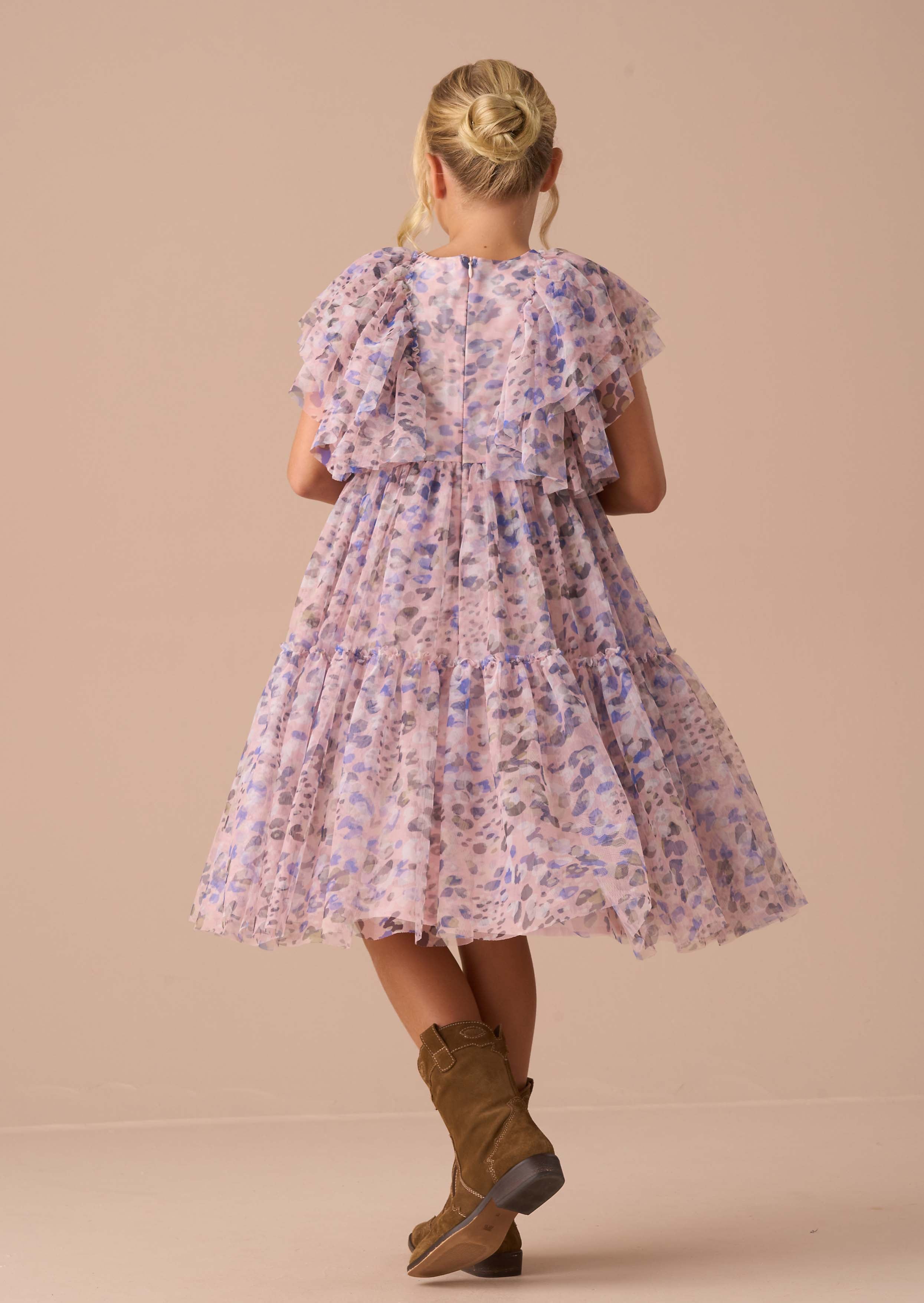 Online Girls Pink Printed Frill Mesh Dress