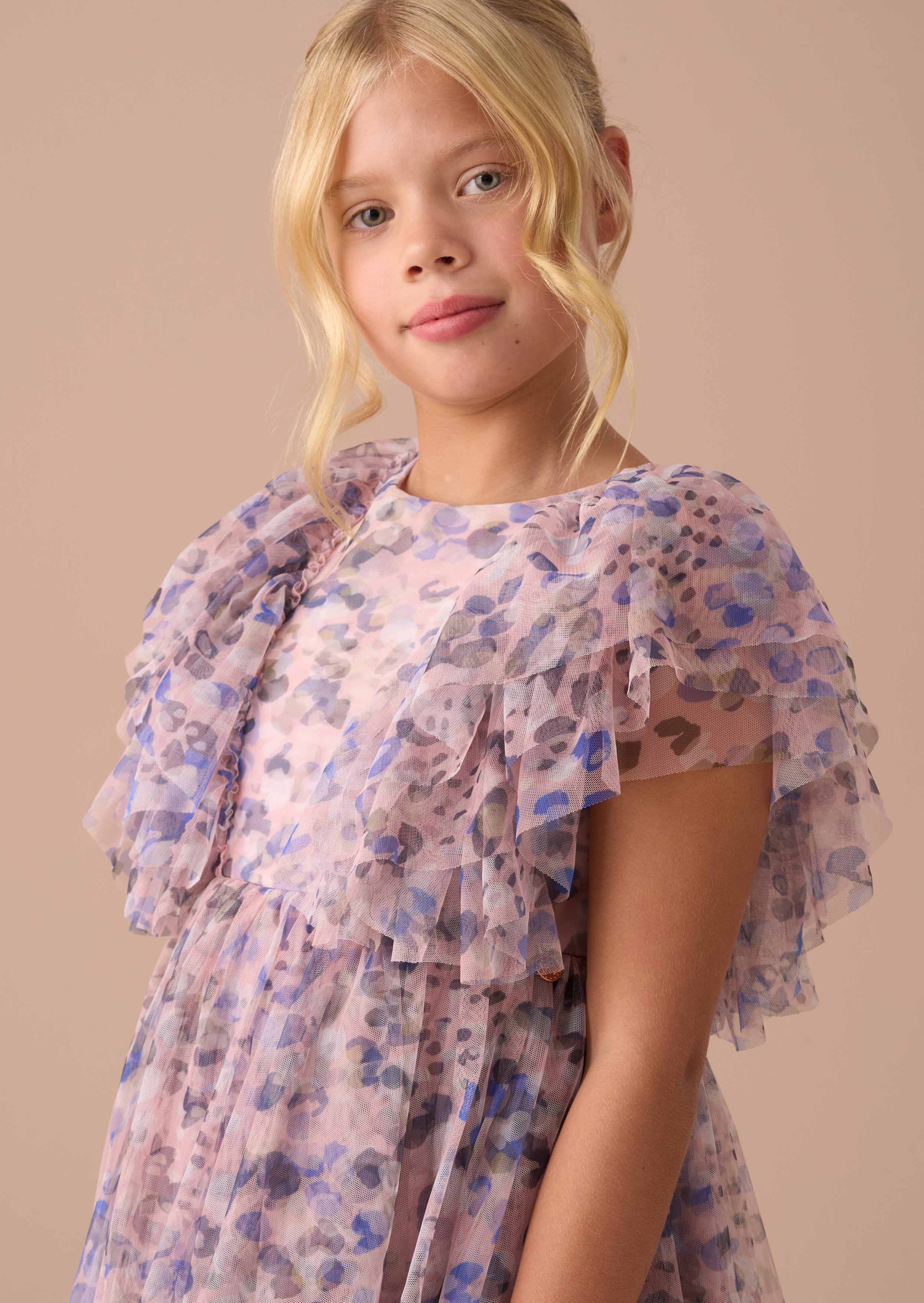 Floral Girls Pink Printed Frill Mesh Dress