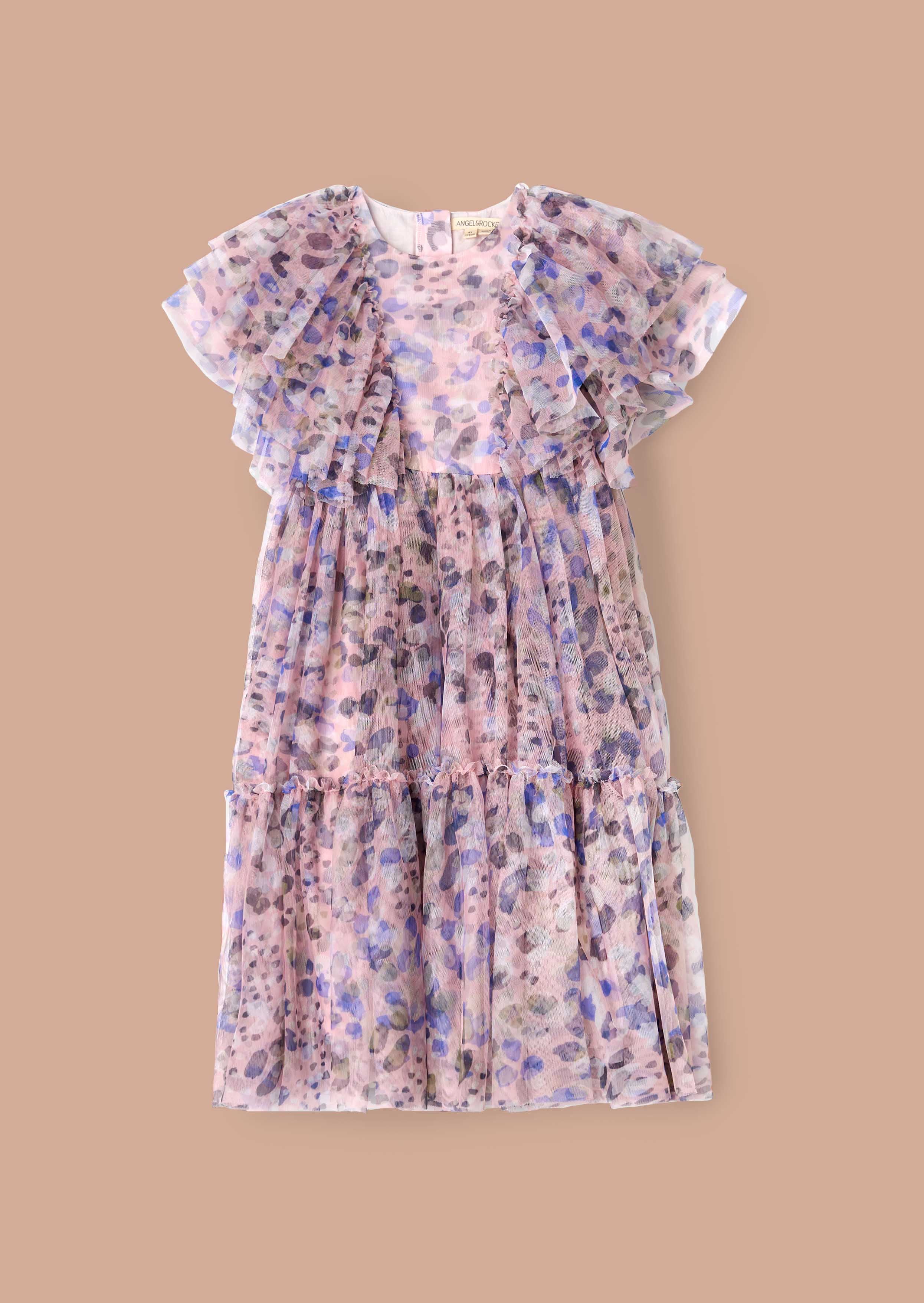Short Sleeve Girls Pink Printed Frill Mesh Dress