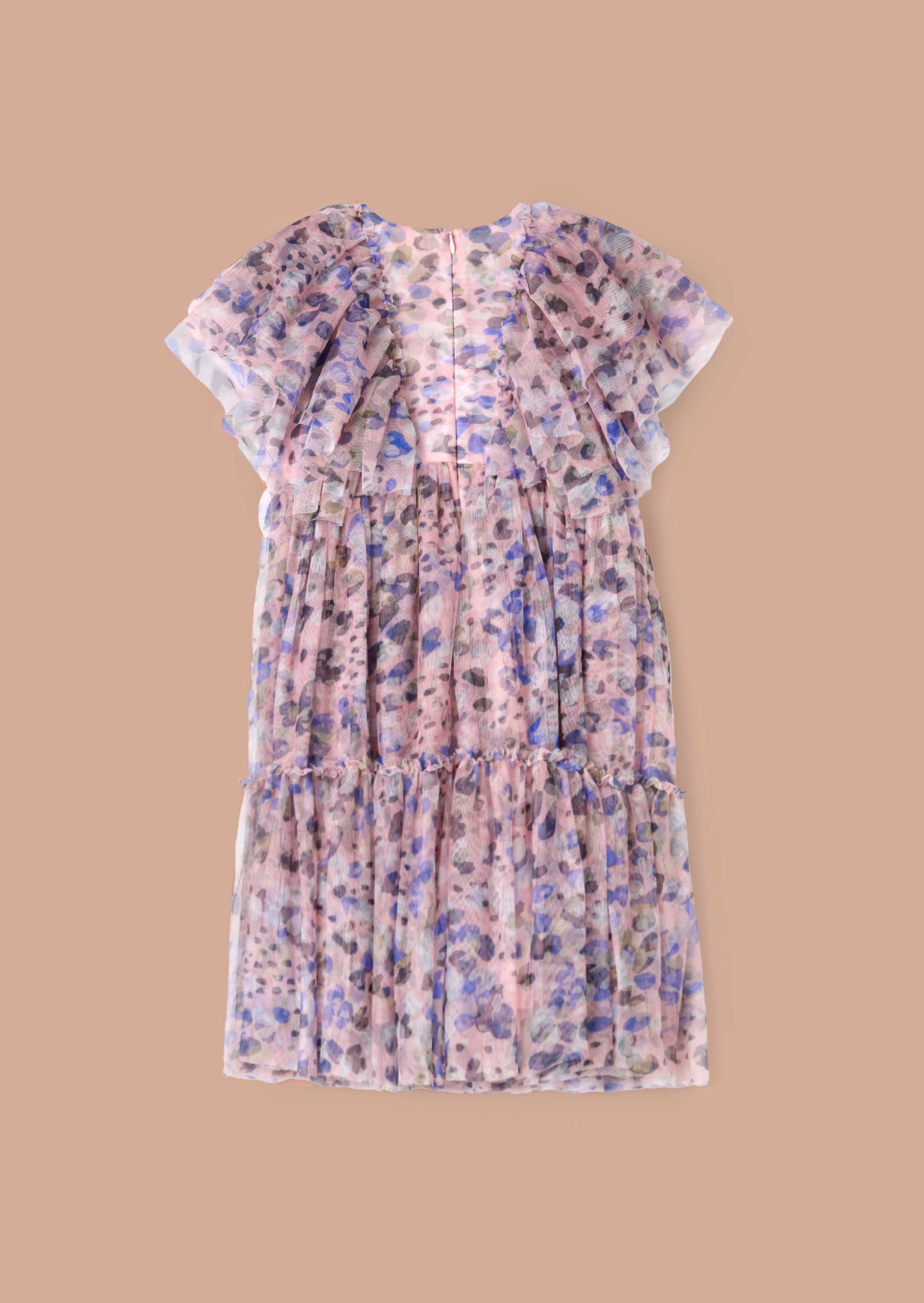 Round Neck Girls Pink Printed Frill Mesh Dress